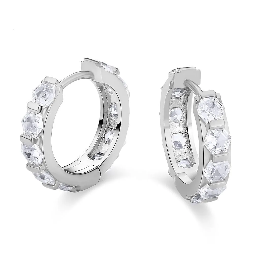 The Sparkling Circle® - 925 Sterling Silver Hexagon Diamond Hoop Earrings in White Gold