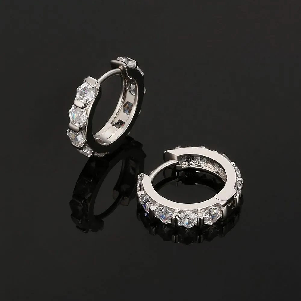 The Sparkling Circle® - 925 Sterling Silver Hexagon Diamond Hoop Earrings in White Gold