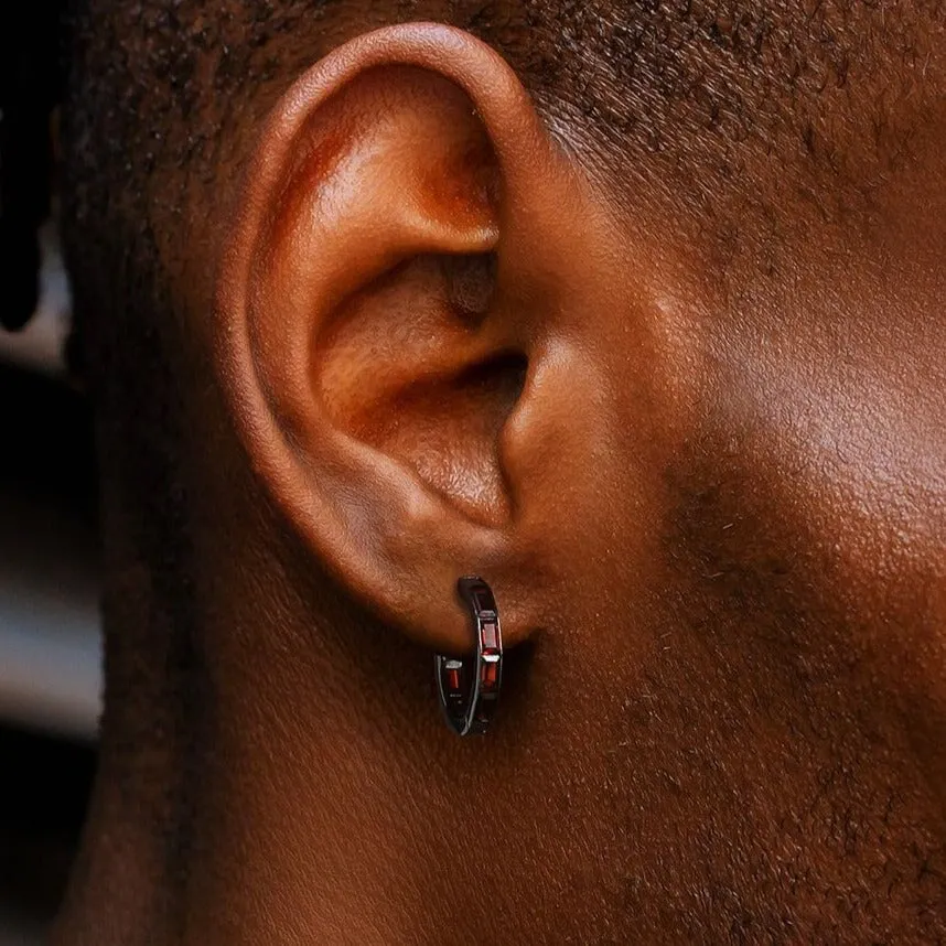 The Zeal® - 925 Sterling Silver Black & Red Ruby Diamond Men's Hoop Earrings