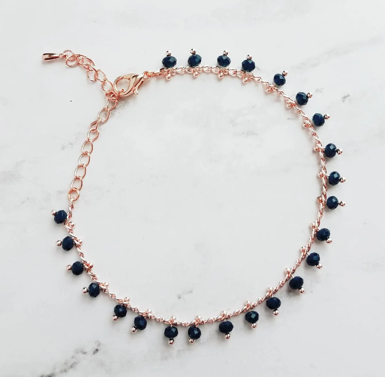 Thin Rose Gold Bracelet/Anklet, navy blue rose gold, dainty rose gold, rose gold anklet, beaded anklet, delicate rose gold bracelet, small
