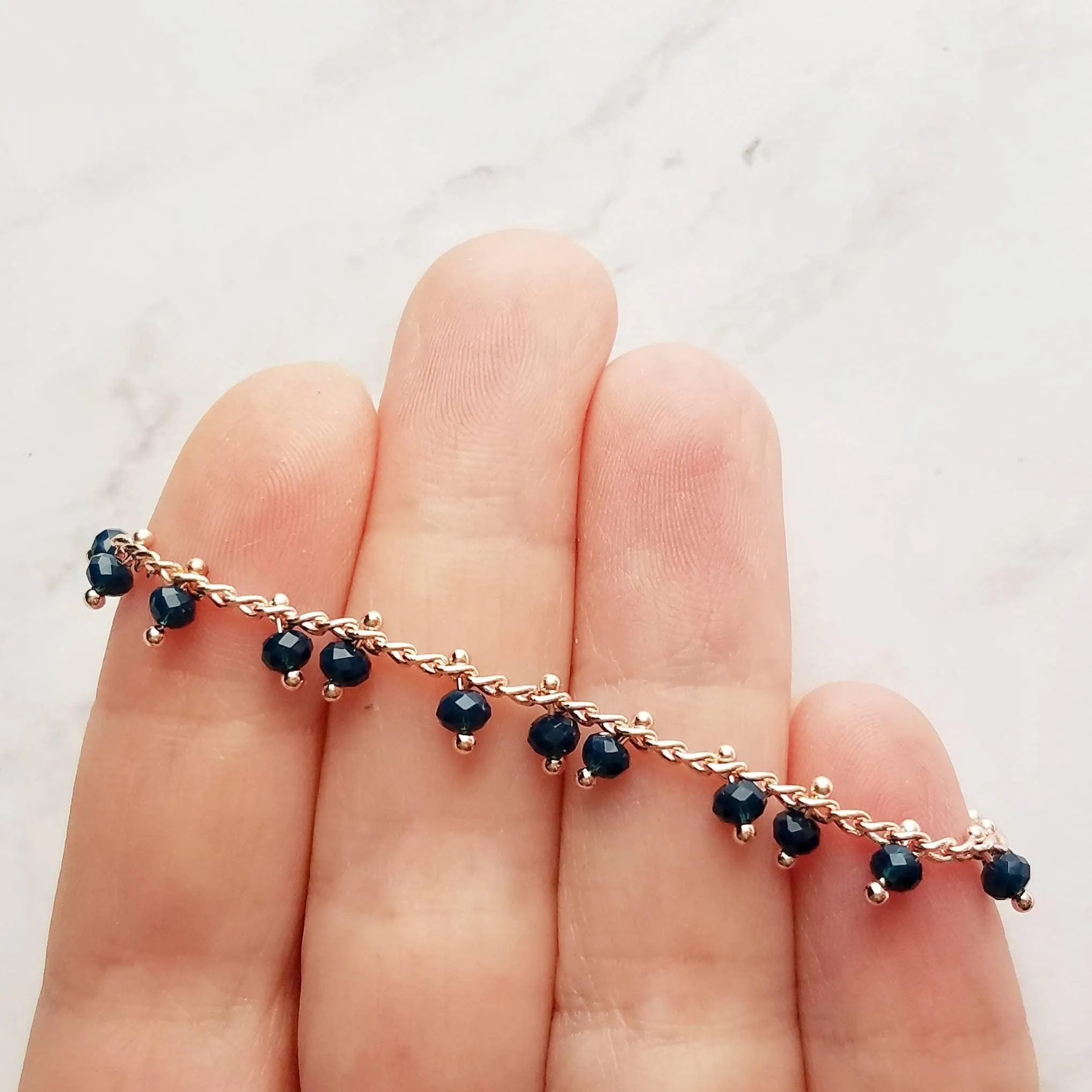 Thin Rose Gold Bracelet/Anklet, navy blue rose gold, dainty rose gold, rose gold anklet, beaded anklet, delicate rose gold bracelet, small