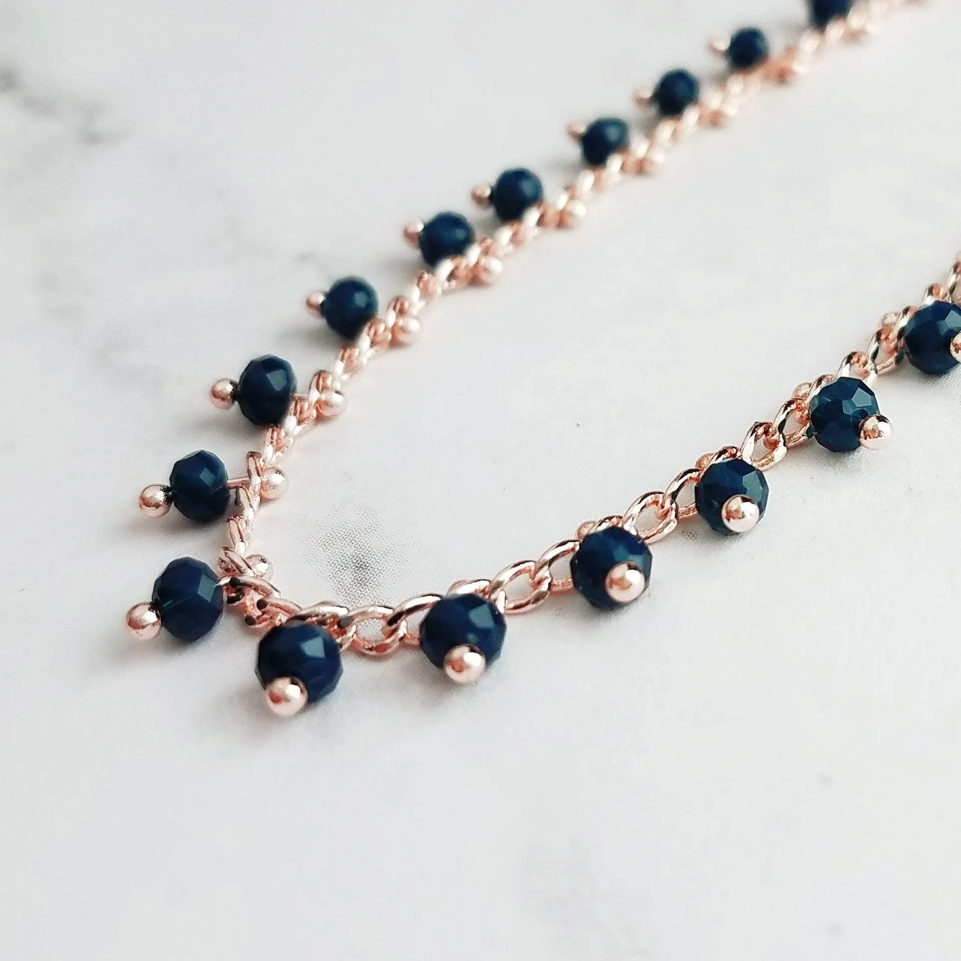 Thin Rose Gold Bracelet/Anklet, navy blue rose gold, dainty rose gold, rose gold anklet, beaded anklet, delicate rose gold bracelet, small