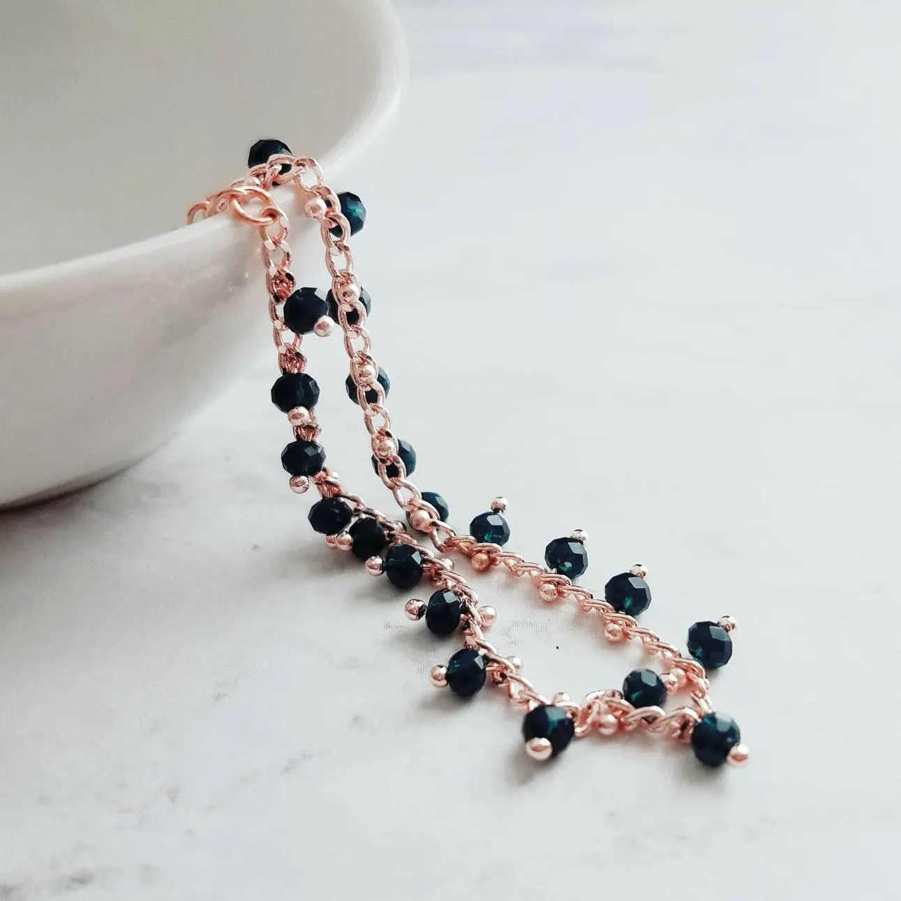 Thin Rose Gold Bracelet/Anklet, navy blue rose gold, dainty rose gold, rose gold anklet, beaded anklet, delicate rose gold bracelet, small