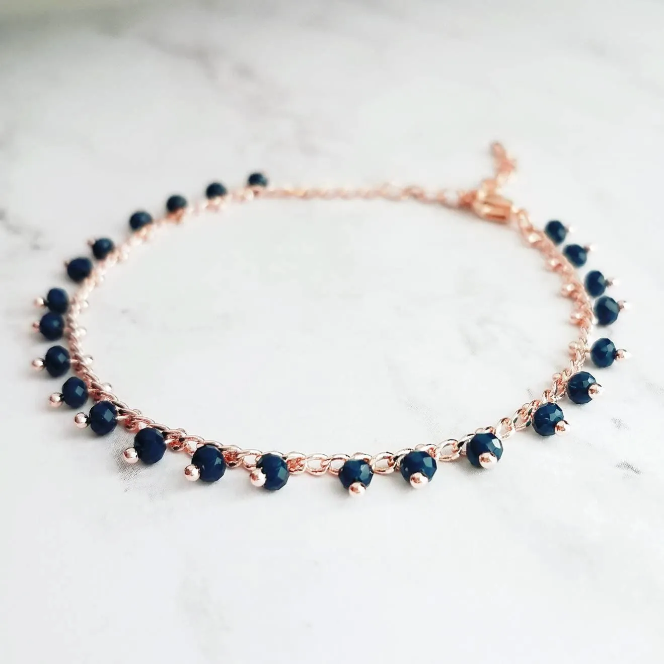 Thin Rose Gold Bracelet/Anklet, navy blue rose gold, dainty rose gold, rose gold anklet, beaded anklet, delicate rose gold bracelet, small