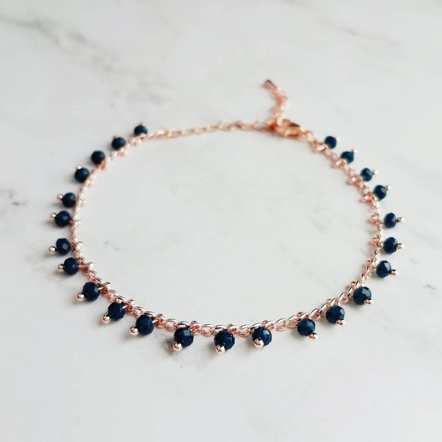 Thin Rose Gold Bracelet/Anklet, navy blue rose gold, dainty rose gold, rose gold anklet, beaded anklet, delicate rose gold bracelet, small
