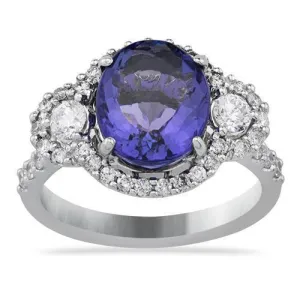Three Stone Oval Tanzanite Ring in 18k White Gold 4.56 Ctw