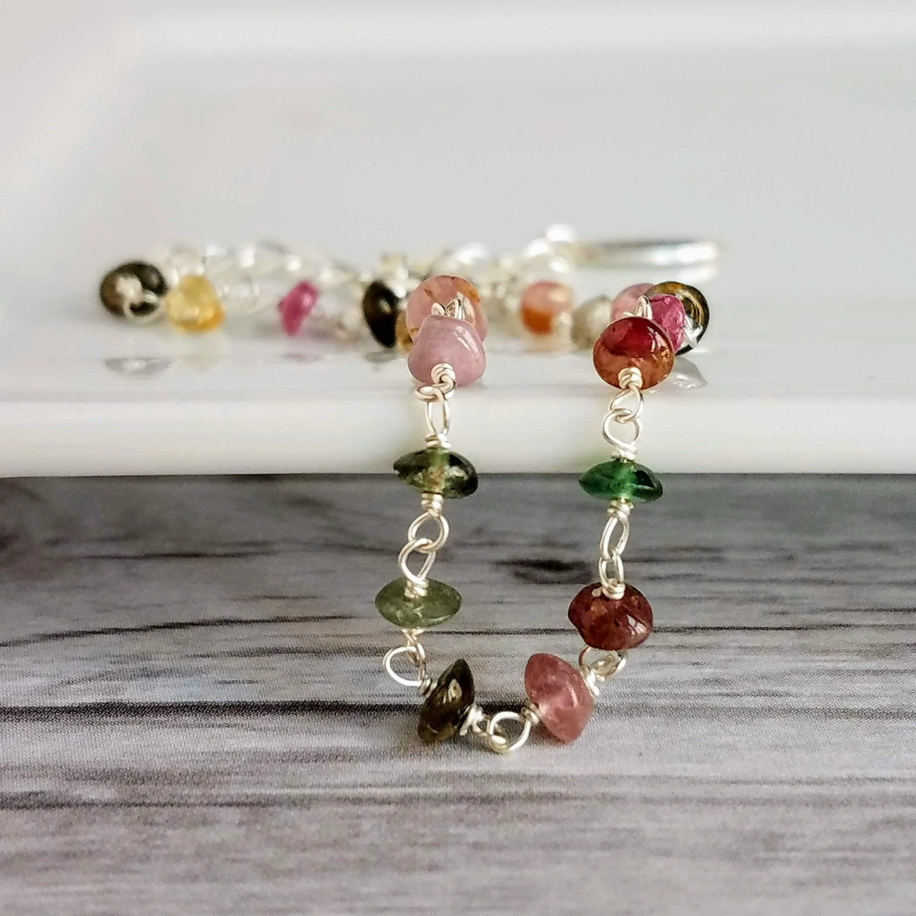 Tourmaline Stone Bracelet, tiny gemstone bracelet, delicate thin bracelet, dainty bracelet, silver tourmaline chain, little pink green gold