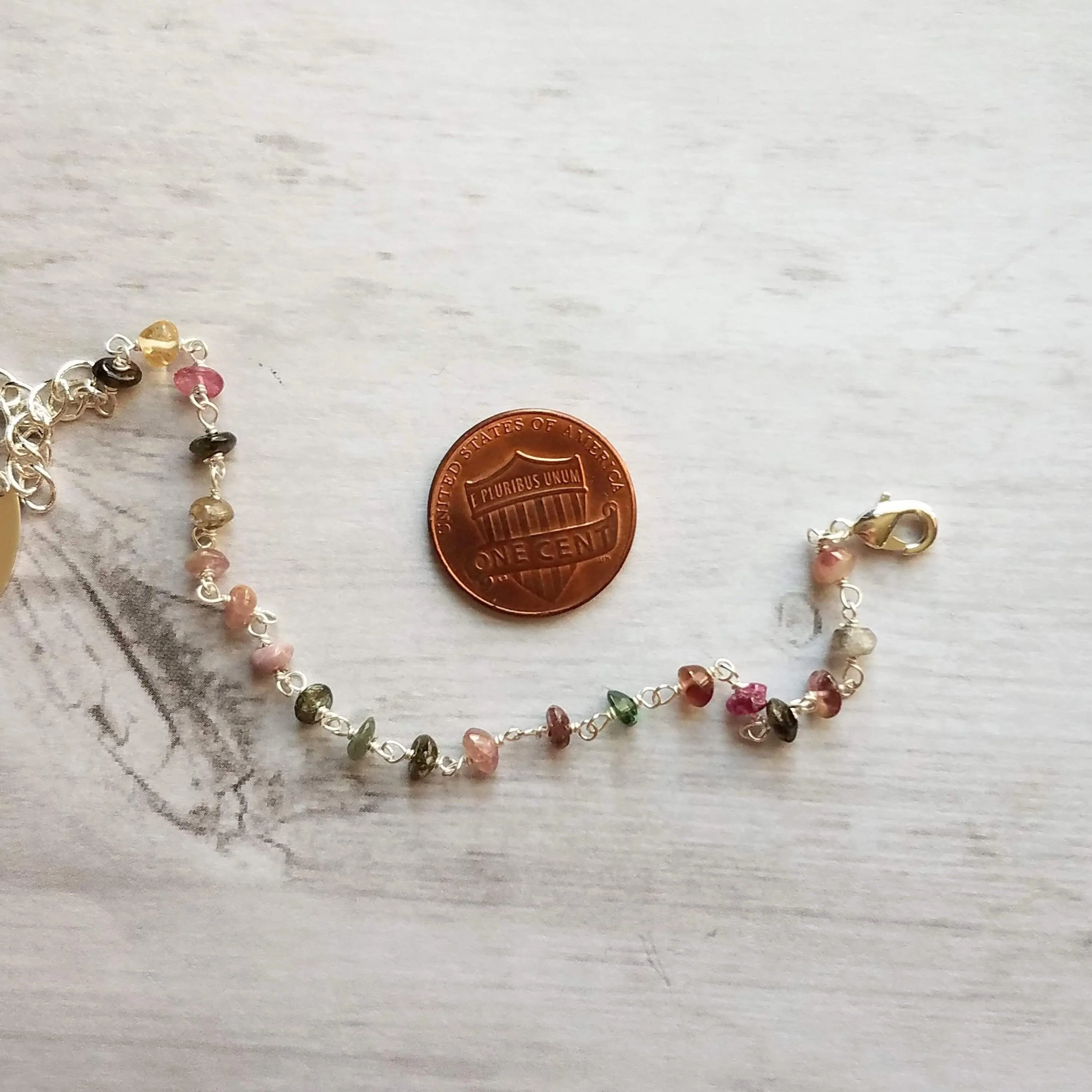Tourmaline Stone Bracelet, tiny gemstone bracelet, delicate thin bracelet, dainty bracelet, silver tourmaline chain, little pink green gold