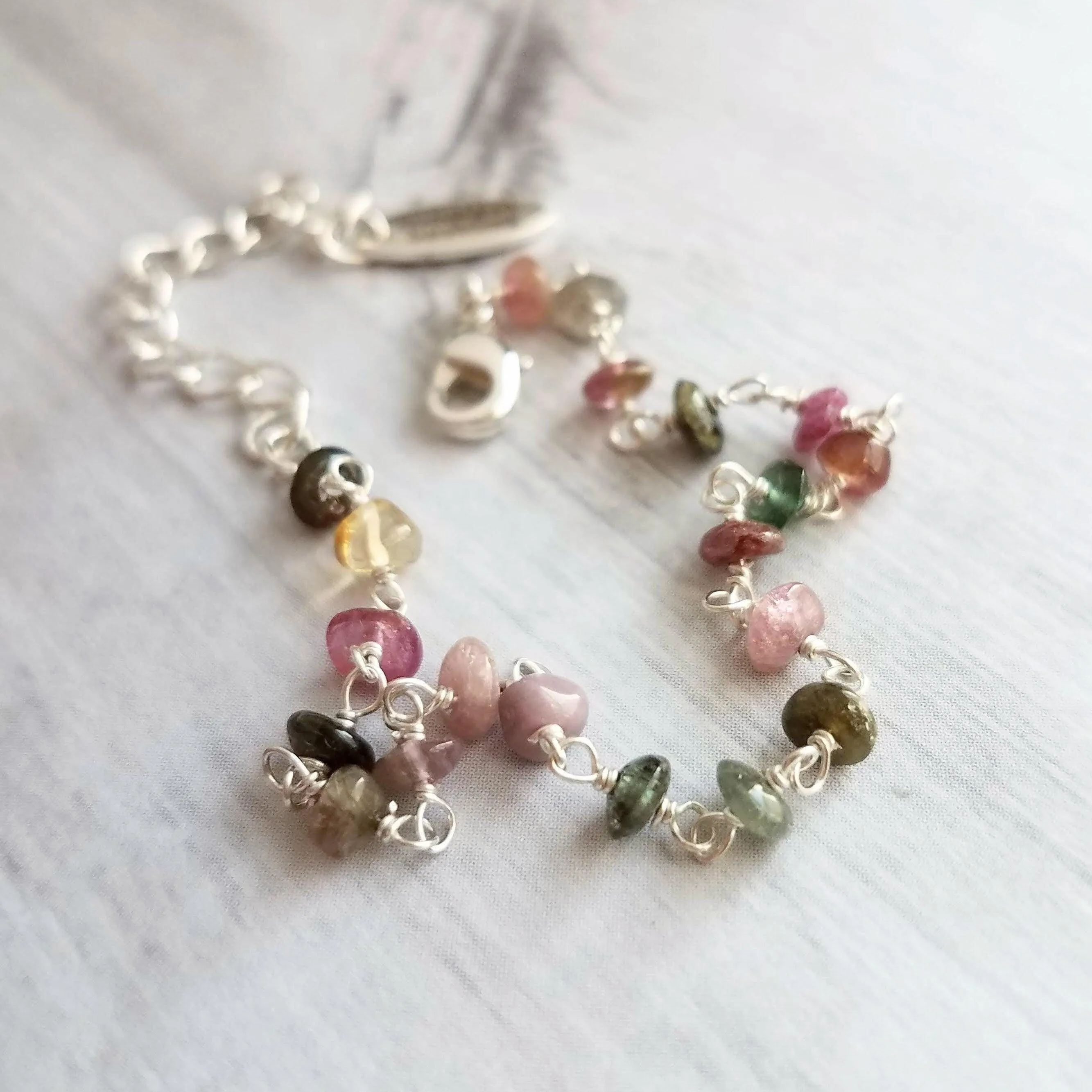 Tourmaline Stone Bracelet, tiny gemstone bracelet, delicate thin bracelet, dainty bracelet, silver tourmaline chain, little pink green gold