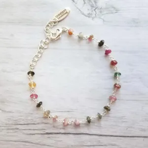 Tourmaline Stone Bracelet, tiny gemstone bracelet, delicate thin bracelet, dainty bracelet, silver tourmaline chain, little pink green gold