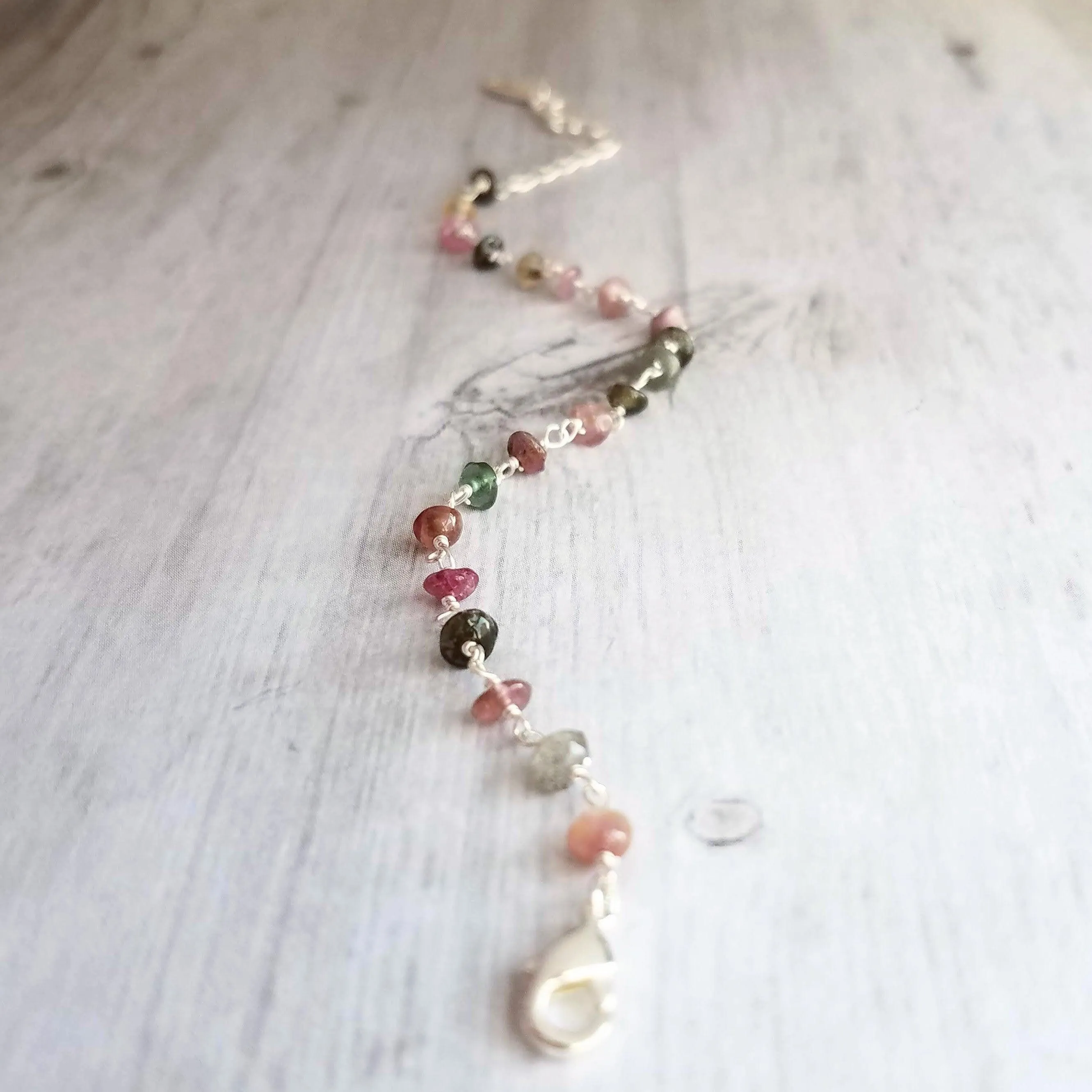 Tourmaline Stone Bracelet, tiny gemstone bracelet, delicate thin bracelet, dainty bracelet, silver tourmaline chain, little pink green gold