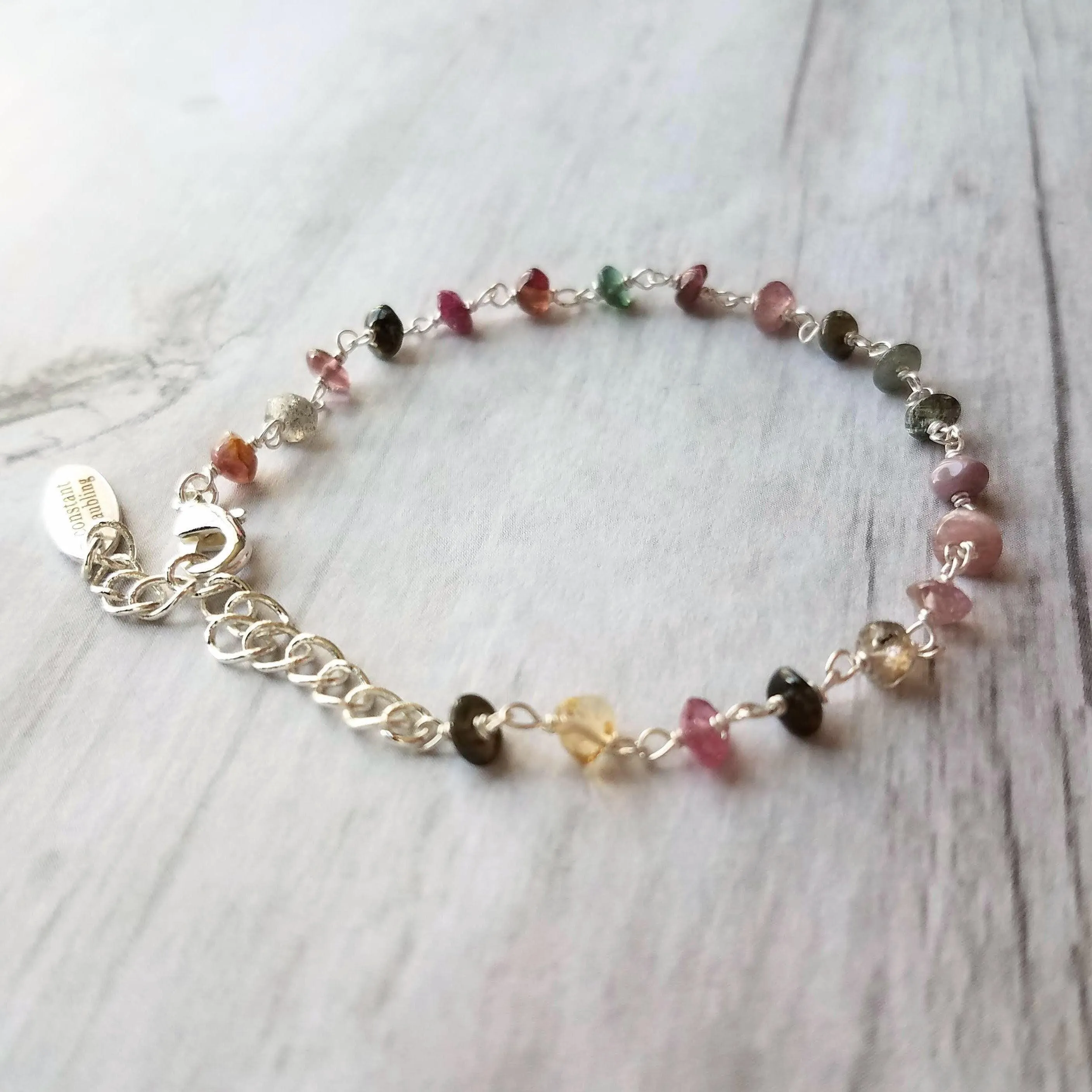 Tourmaline Stone Bracelet, tiny gemstone bracelet, delicate thin bracelet, dainty bracelet, silver tourmaline chain, little pink green gold