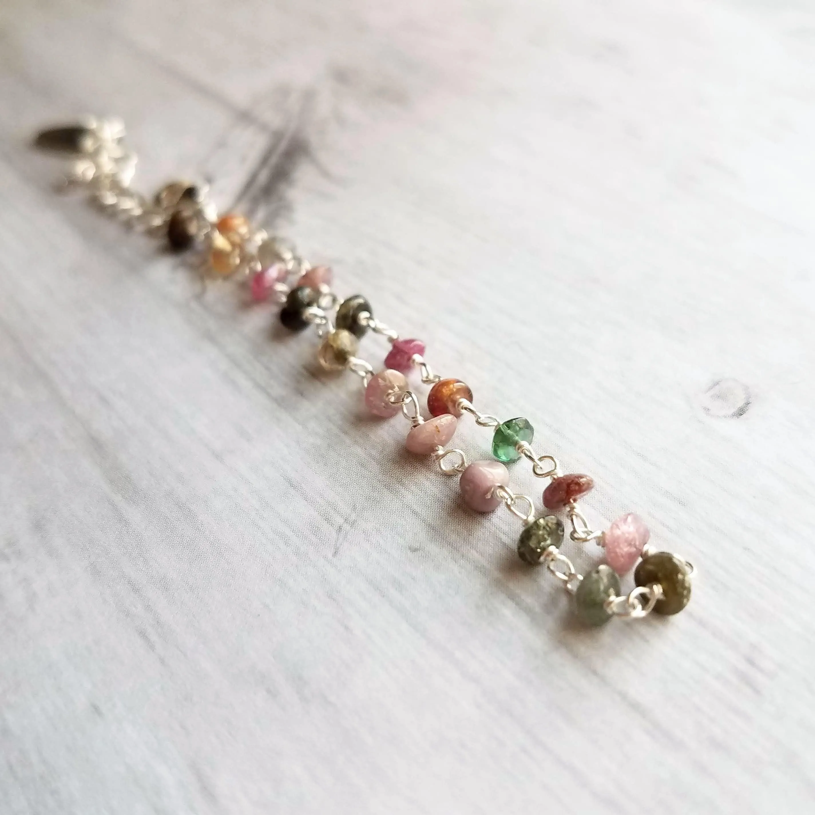 Tourmaline Stone Bracelet, tiny gemstone bracelet, delicate thin bracelet, dainty bracelet, silver tourmaline chain, little pink green gold