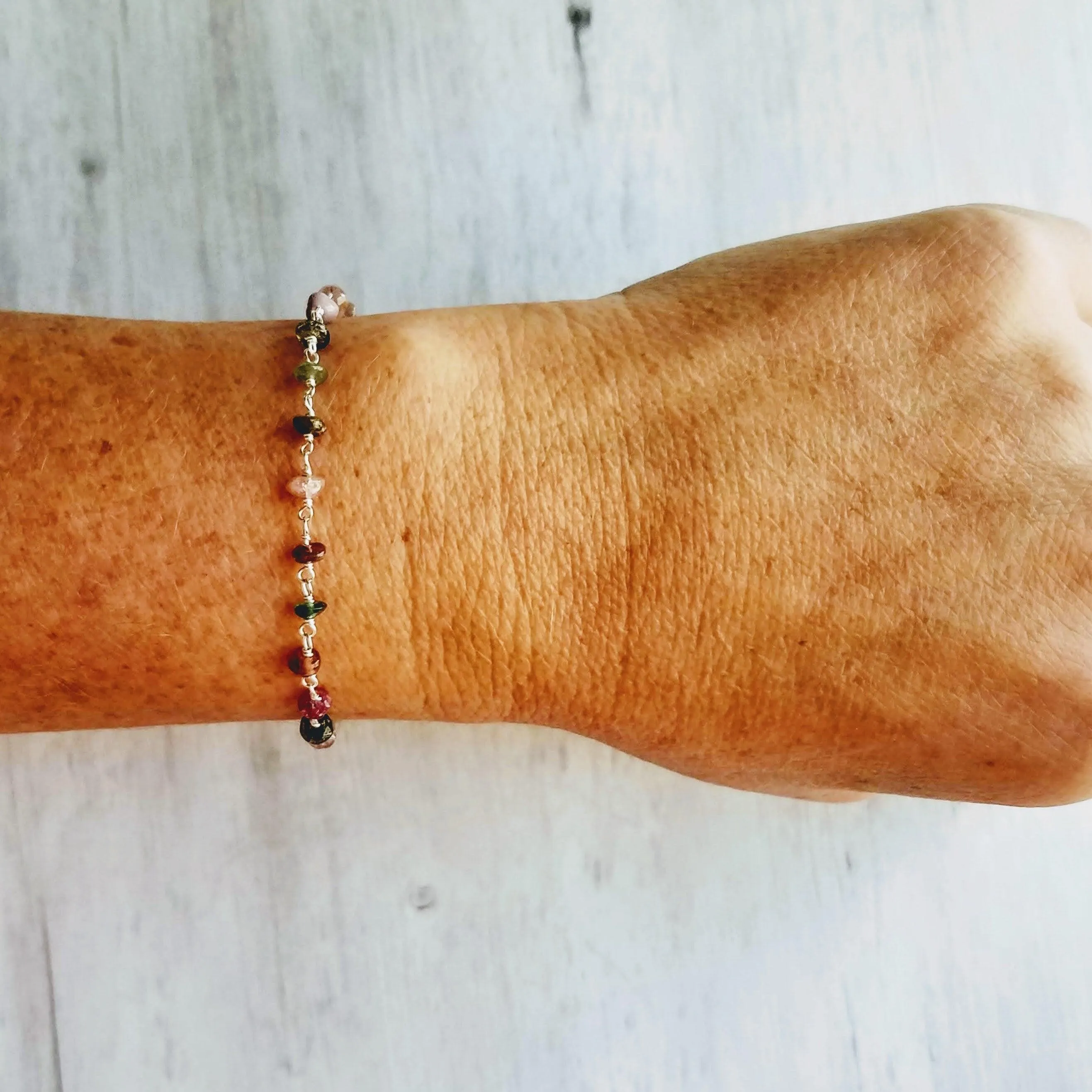 Tourmaline Stone Bracelet, tiny gemstone bracelet, delicate thin bracelet, dainty bracelet, silver tourmaline chain, little pink green gold