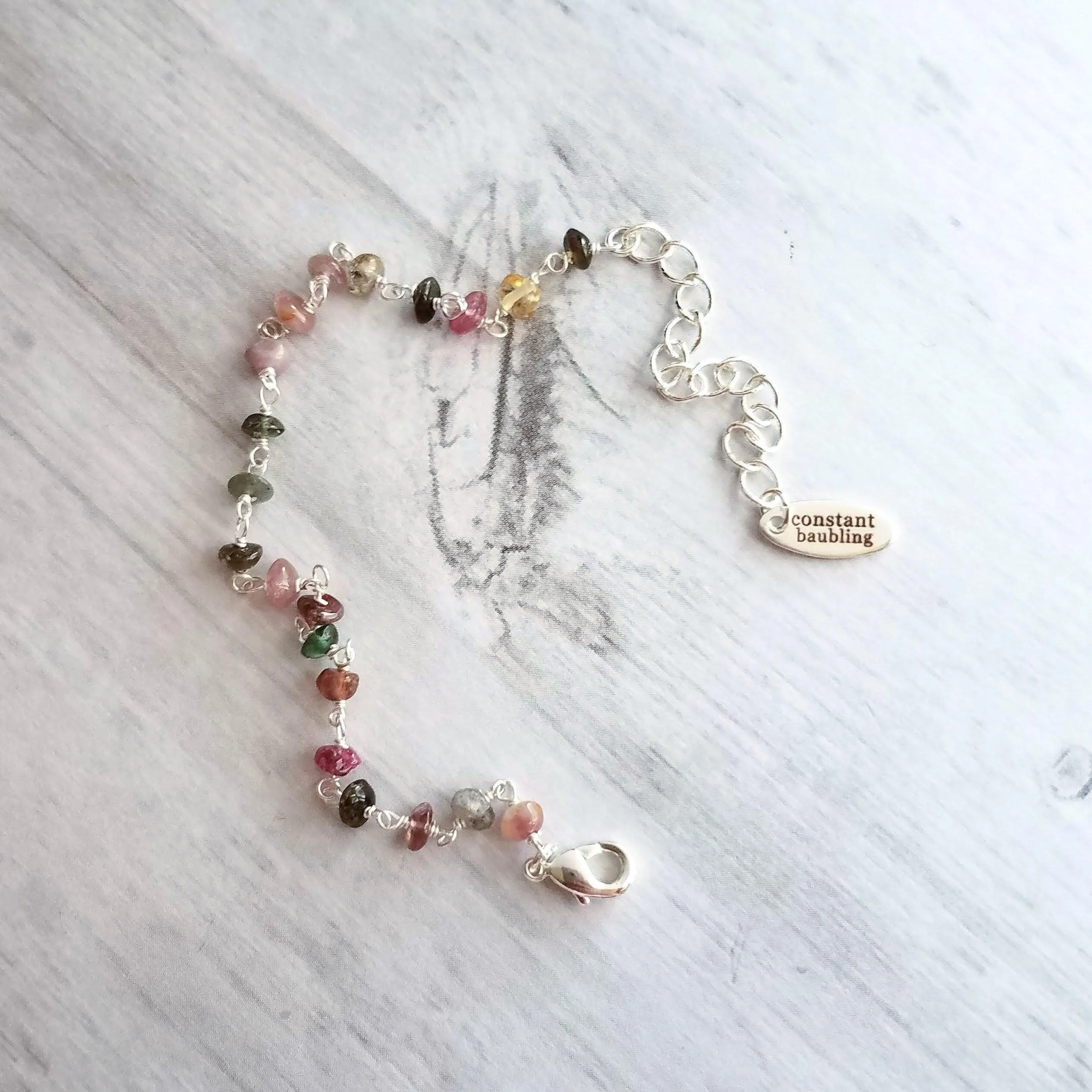 Tourmaline Stone Bracelet, tiny gemstone bracelet, delicate thin bracelet, dainty bracelet, silver tourmaline chain, little pink green gold