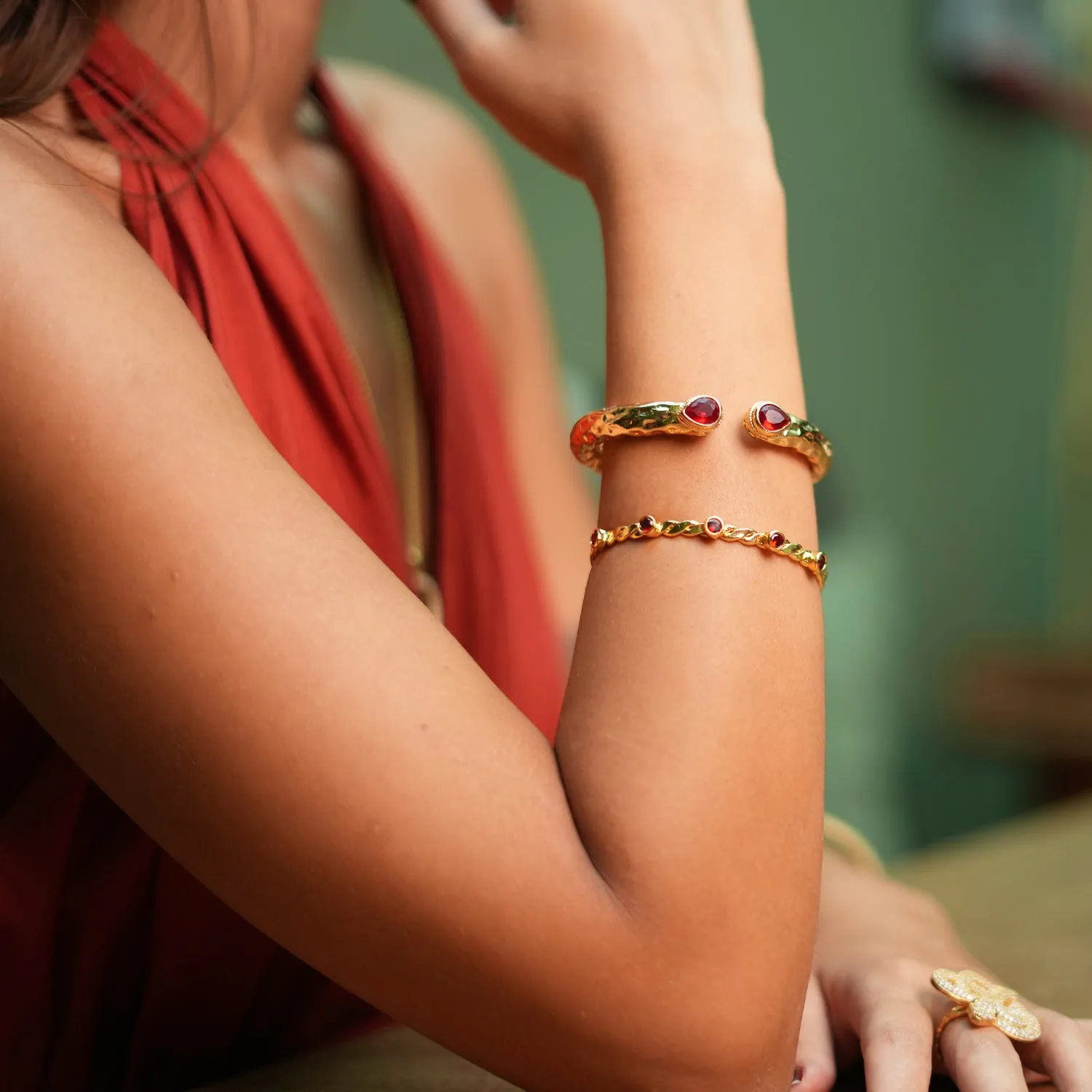 Twisted Ruby & Gold Dainty Cuff Bracelet