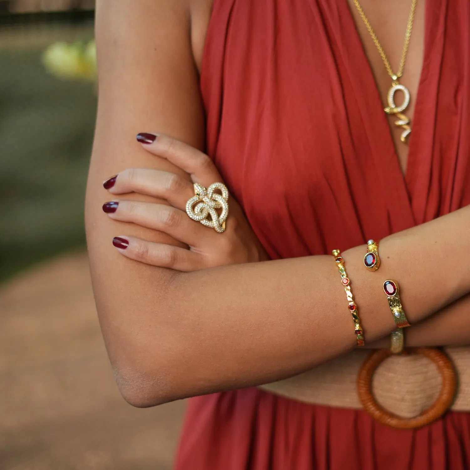 Twisted Ruby & Gold Dainty Cuff Bracelet