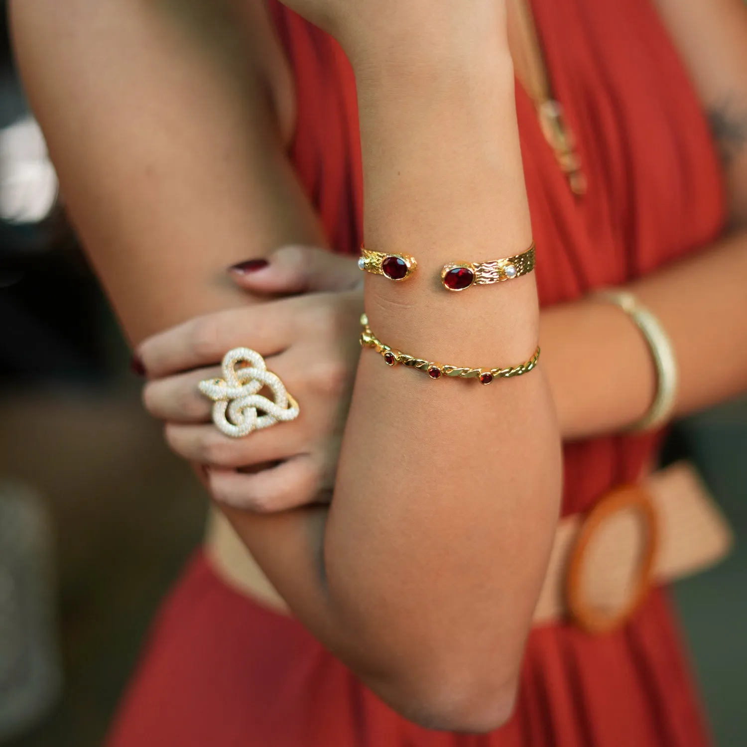 Twisted Ruby & Gold Dainty Cuff Bracelet