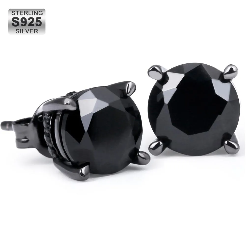 [US]Round Black Diamond Stud Earrings for Men in Black Gold 50% OFF
