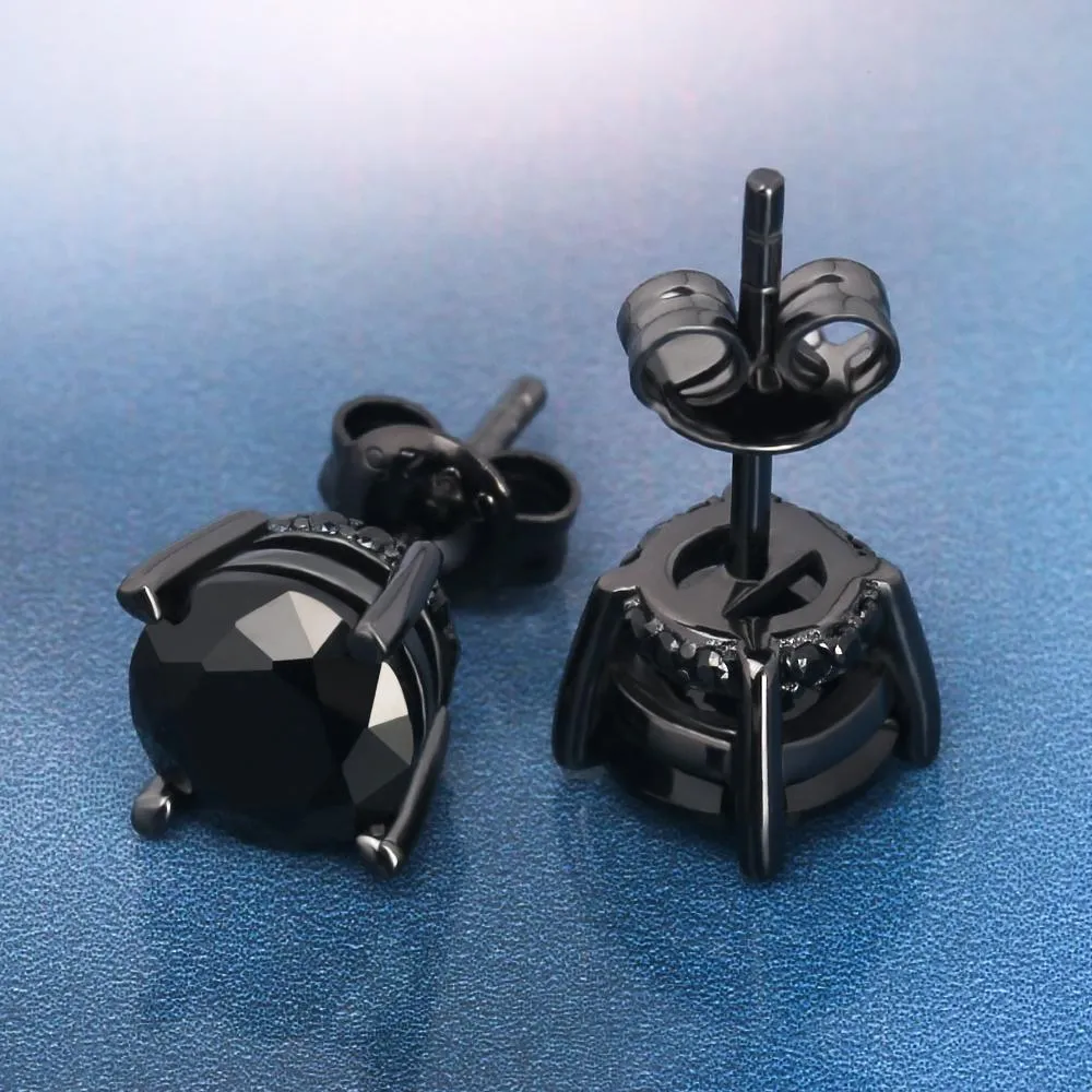 [US]Round Black Diamond Stud Earrings for Men in Black Gold 50% OFF