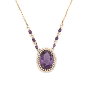 Vintage Art Deco Amethyst Seed Pearl Necklace 14k Yellow Gold Drop Jewelry