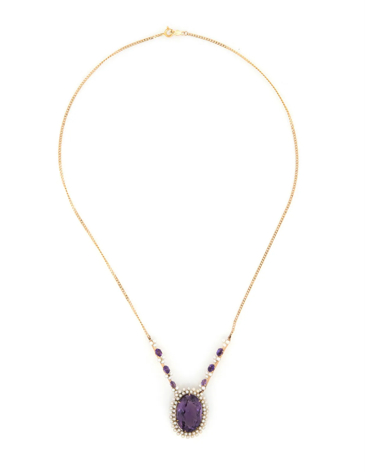 Vintage Art Deco Amethyst Seed Pearl Necklace 14k Yellow Gold Drop Jewelry