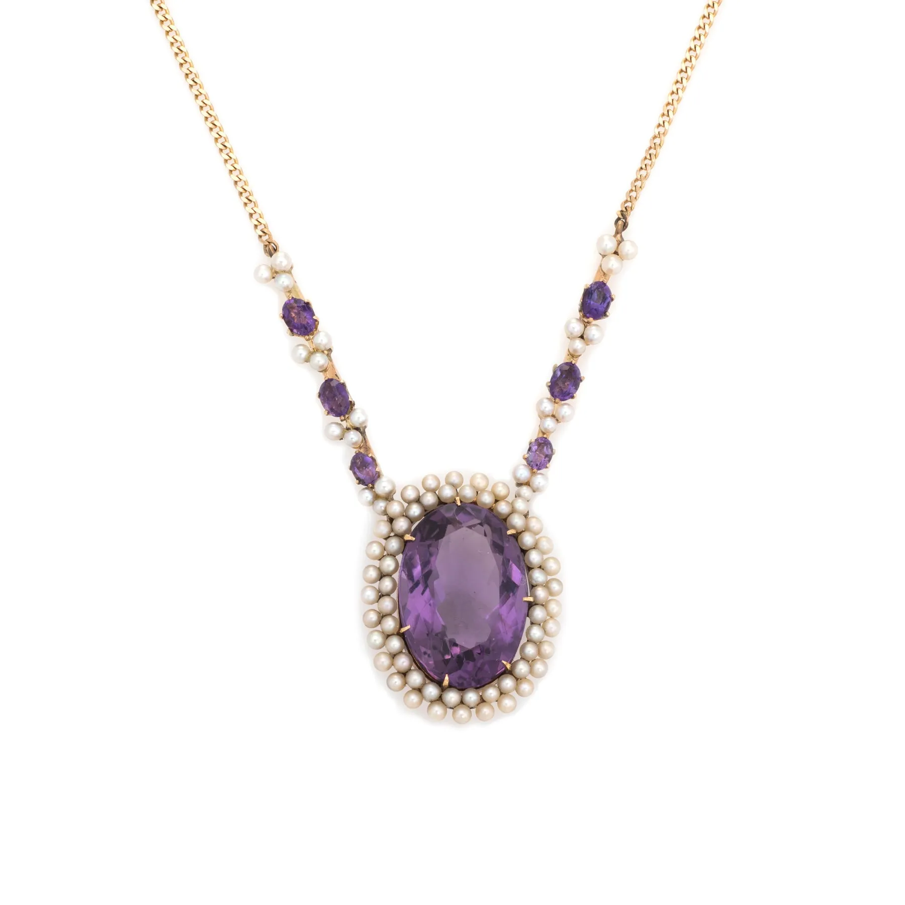 Vintage Art Deco Amethyst Seed Pearl Necklace 14k Yellow Gold Drop Jewelry