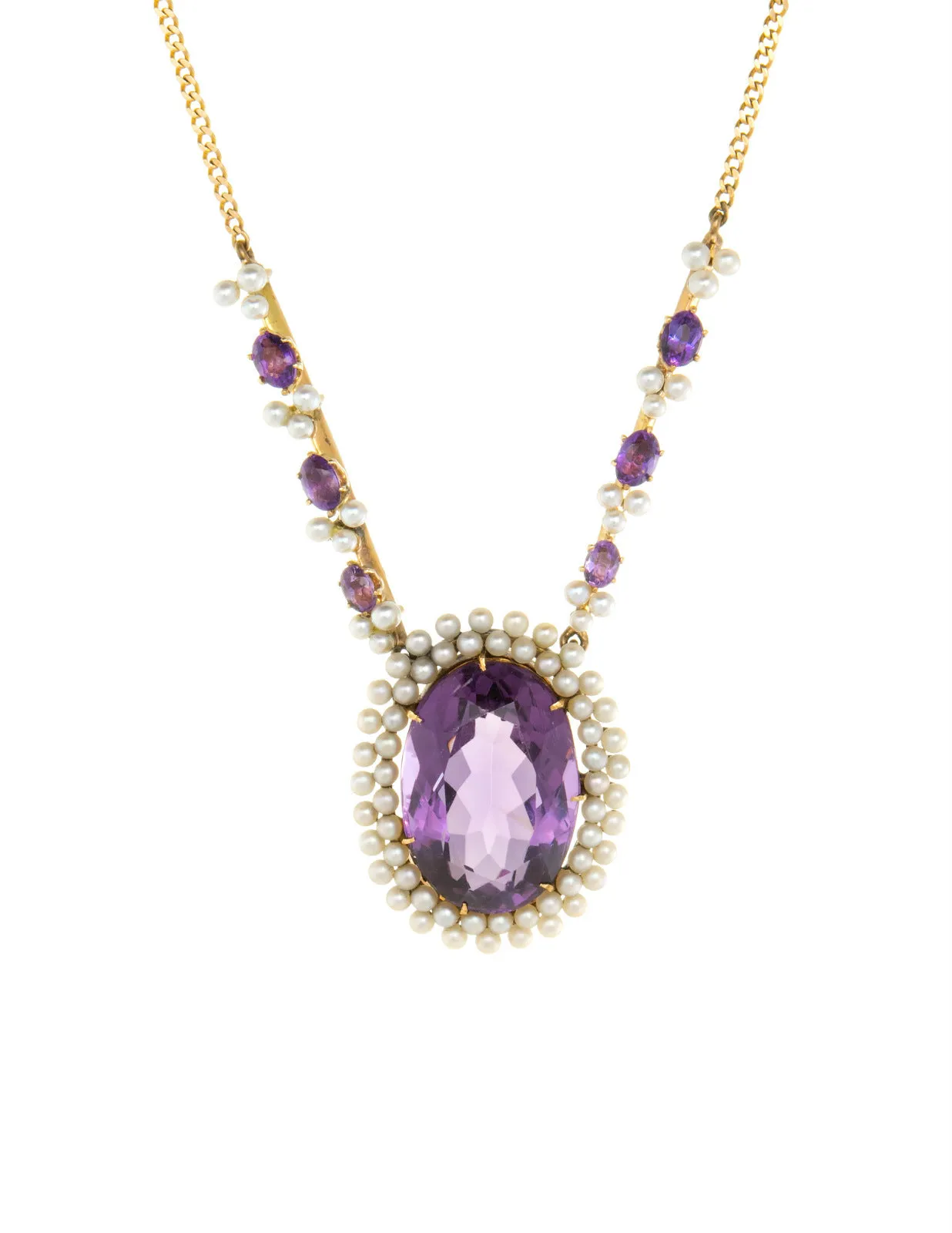 Vintage Art Deco Amethyst Seed Pearl Necklace 14k Yellow Gold Drop Jewelry