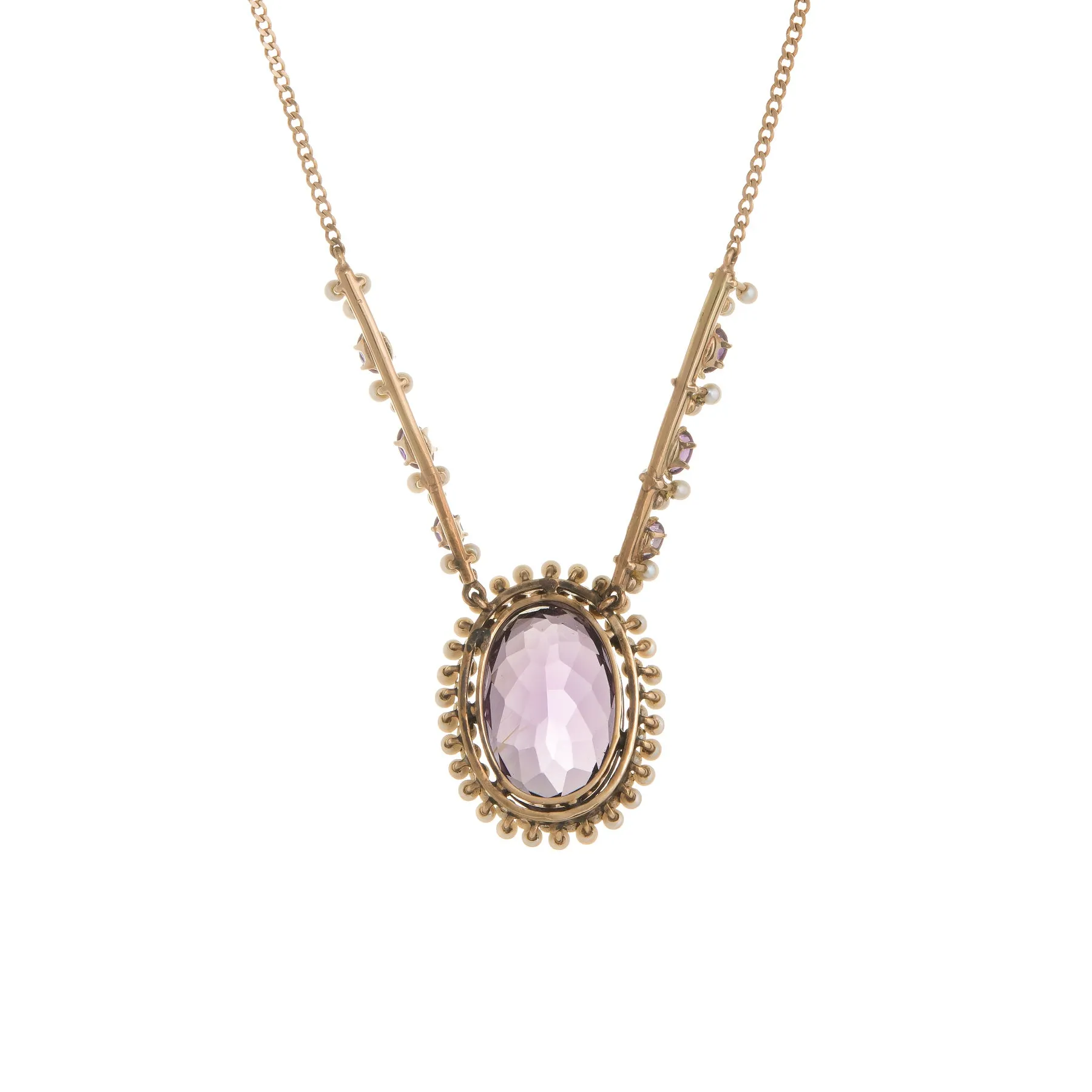 Vintage Art Deco Amethyst Seed Pearl Necklace 14k Yellow Gold Drop Jewelry
