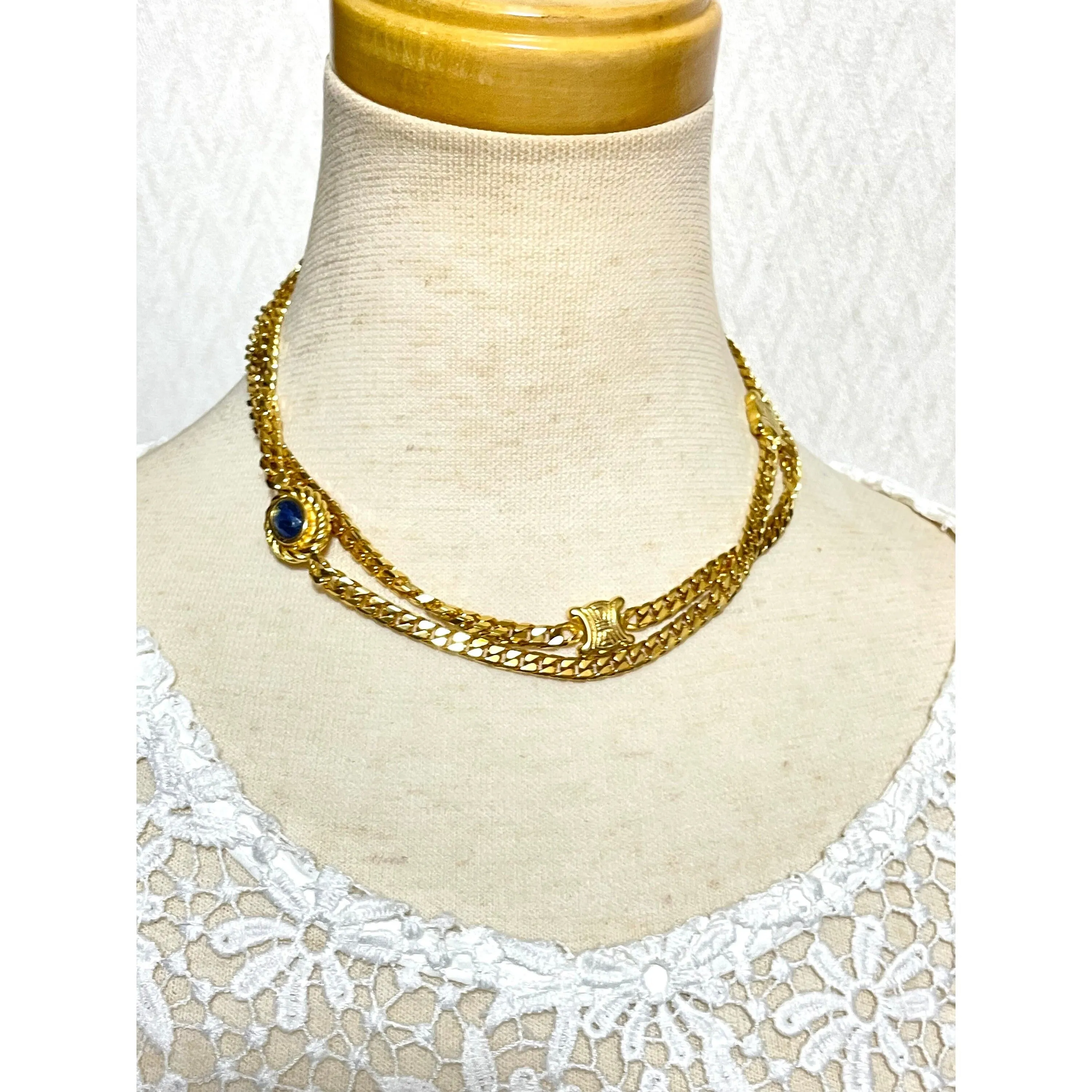 Vintage Celine gold chain long necklace with triomphe charms and blue stones. Can be bracelet. Beautiful statement jewelry. 050817ys1