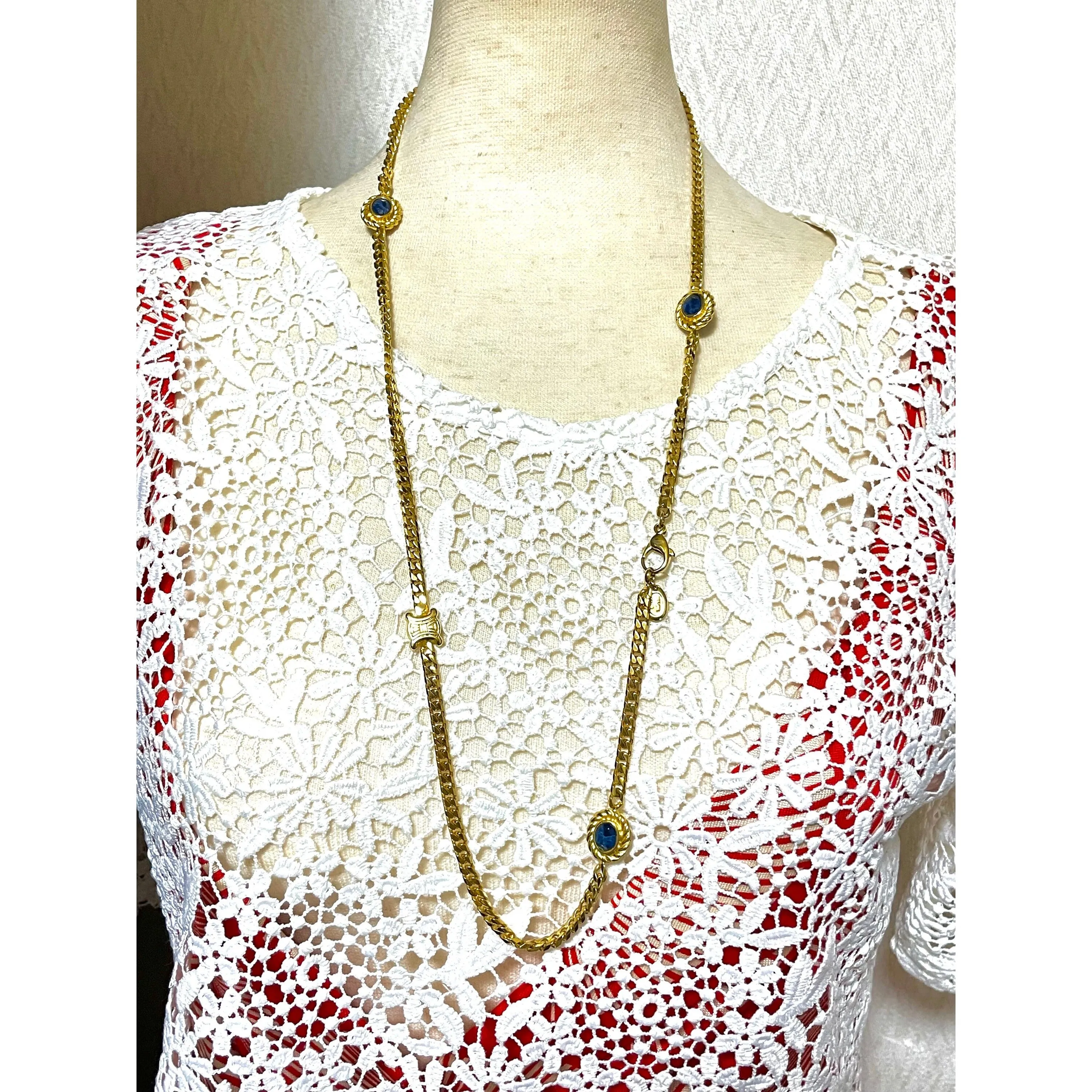 Vintage Celine gold chain long necklace with triomphe charms and blue stones. Can be bracelet. Beautiful statement jewelry. 050817ys1
