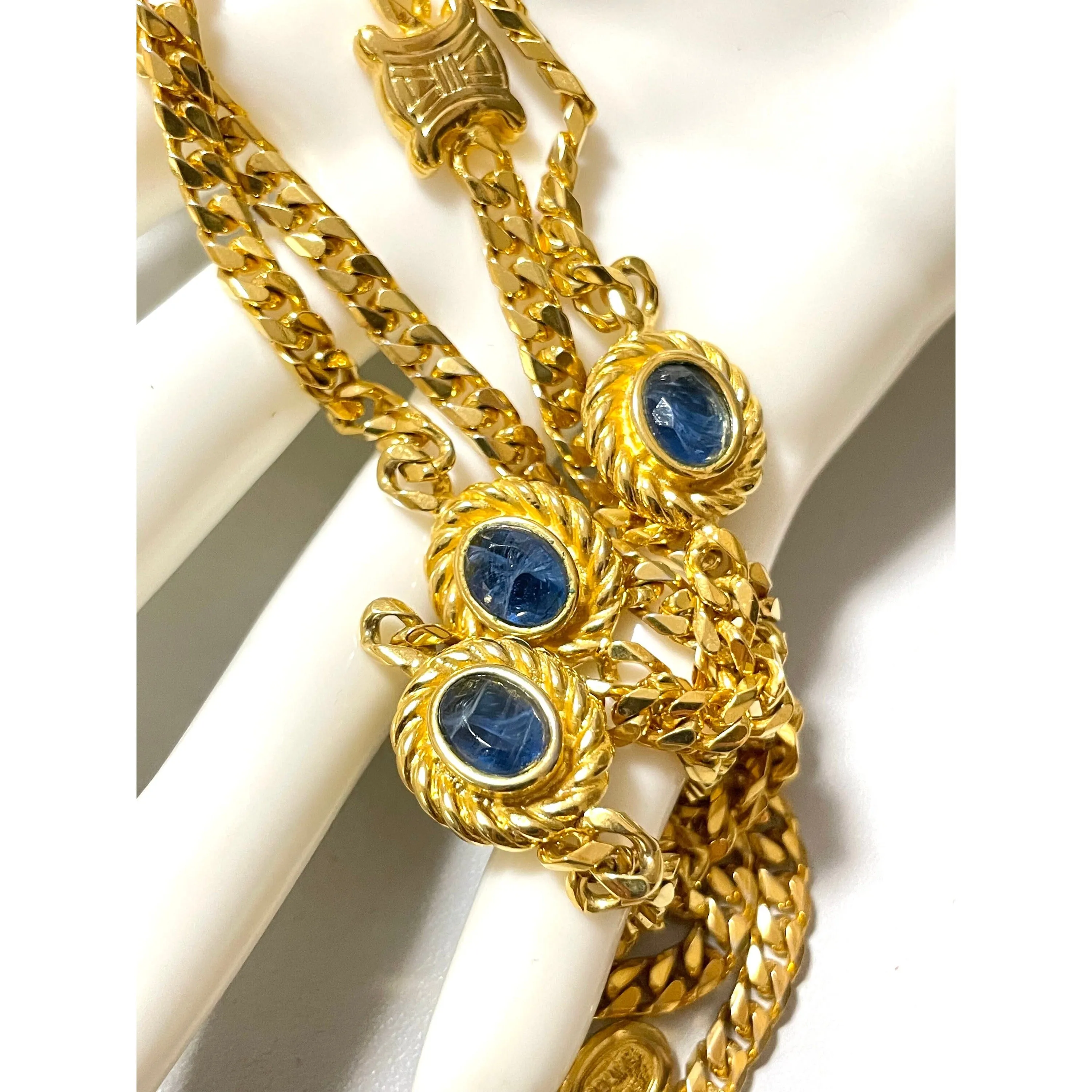 Vintage Celine gold chain long necklace with triomphe charms and blue stones. Can be bracelet. Beautiful statement jewelry. 050817ys1