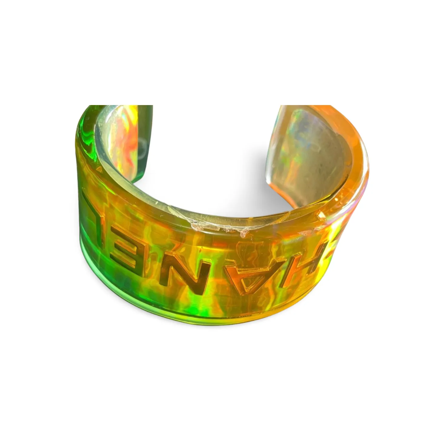 Vintage Chanel plastic aurora resin cuff link bangle/ bracelet with golden logo. Must have gorgeous jewelry. 060904br