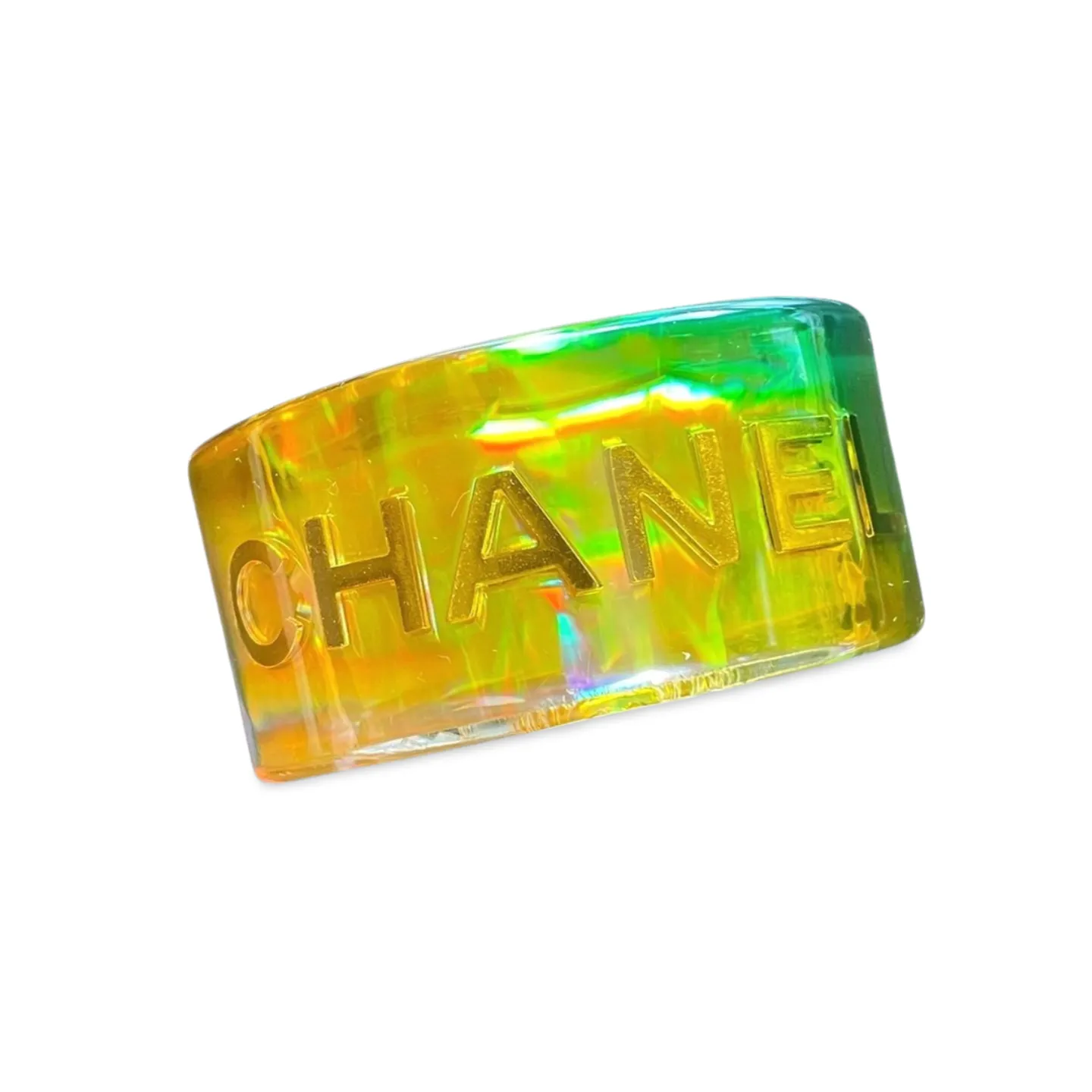 Vintage Chanel plastic aurora resin cuff link bangle/ bracelet with golden logo. Must have gorgeous jewelry. 060904br