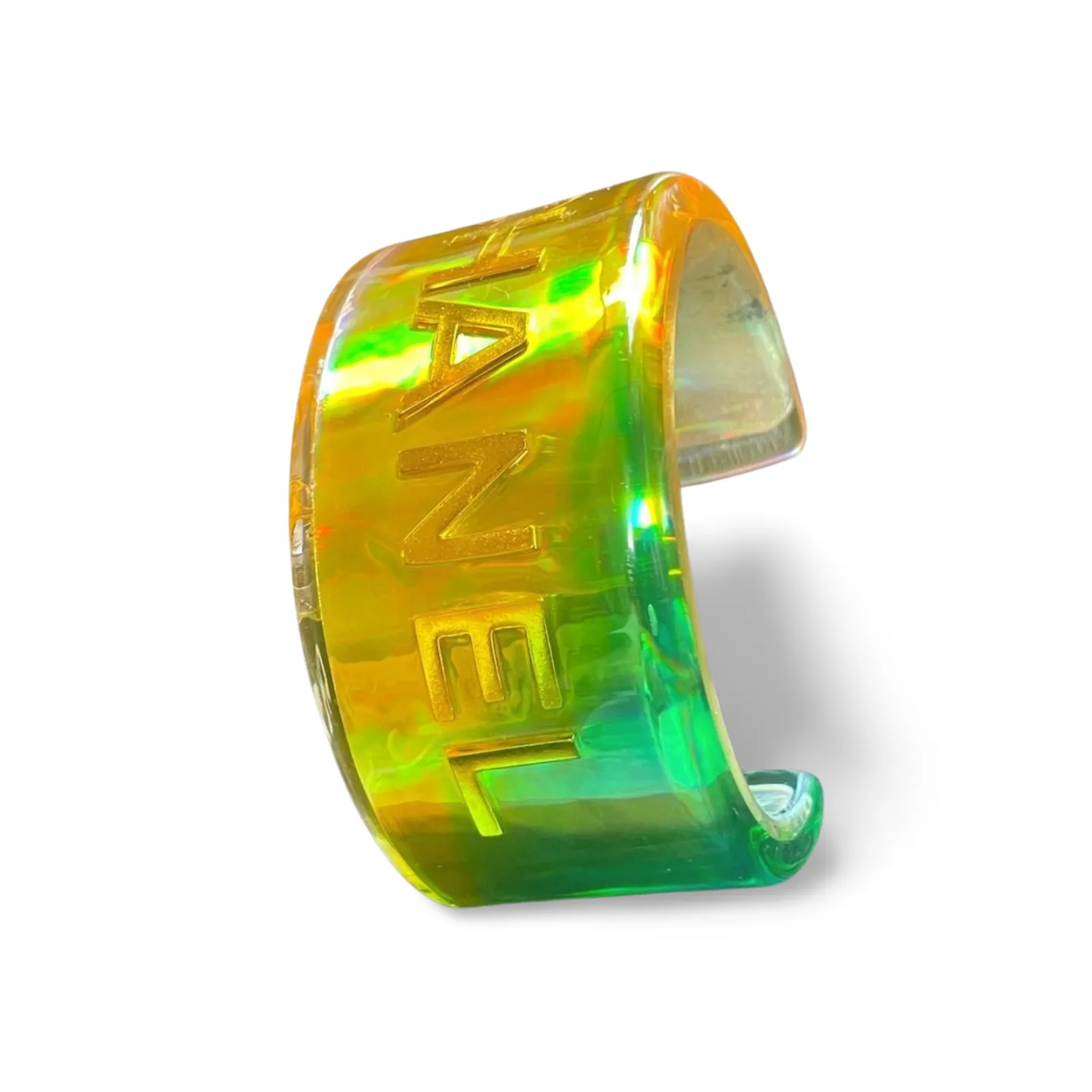 Vintage Chanel plastic aurora resin cuff link bangle/ bracelet with golden logo. Must have gorgeous jewelry. 060904br