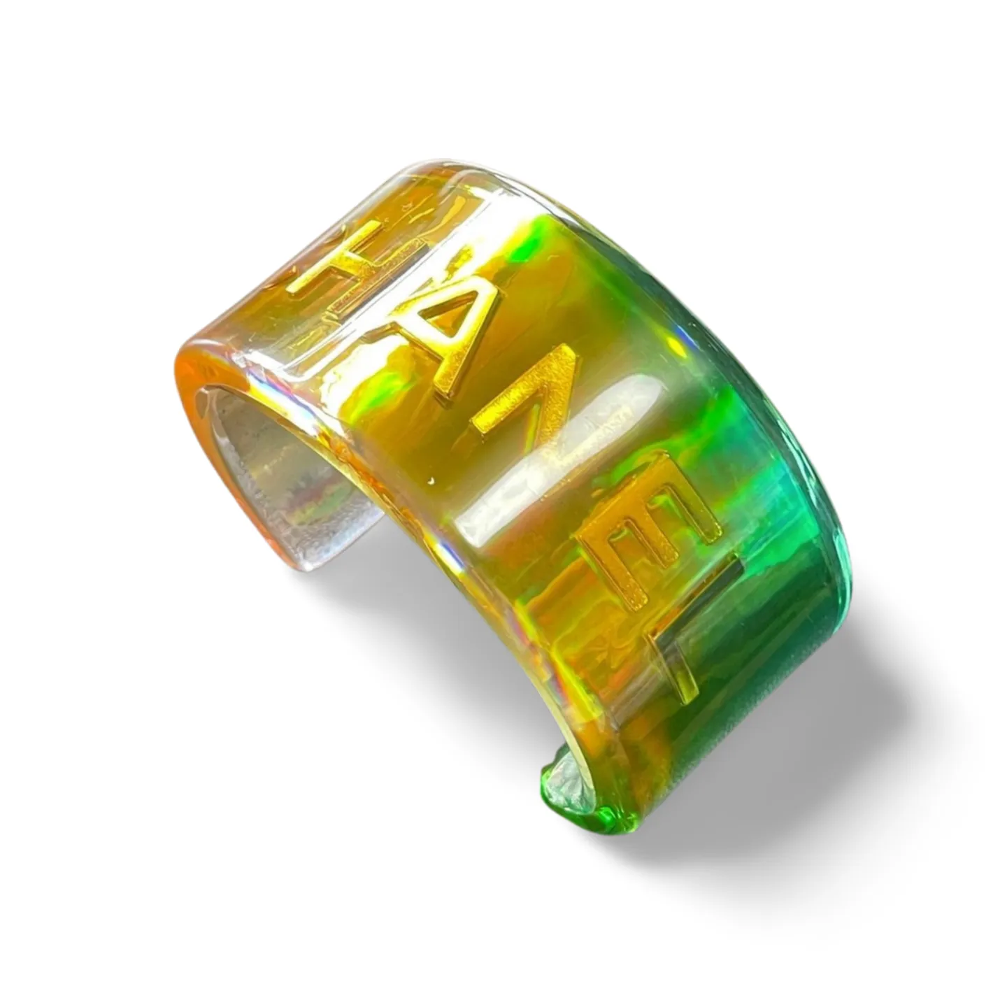 Vintage Chanel plastic aurora resin cuff link bangle/ bracelet with golden logo. Must have gorgeous jewelry. 060904br