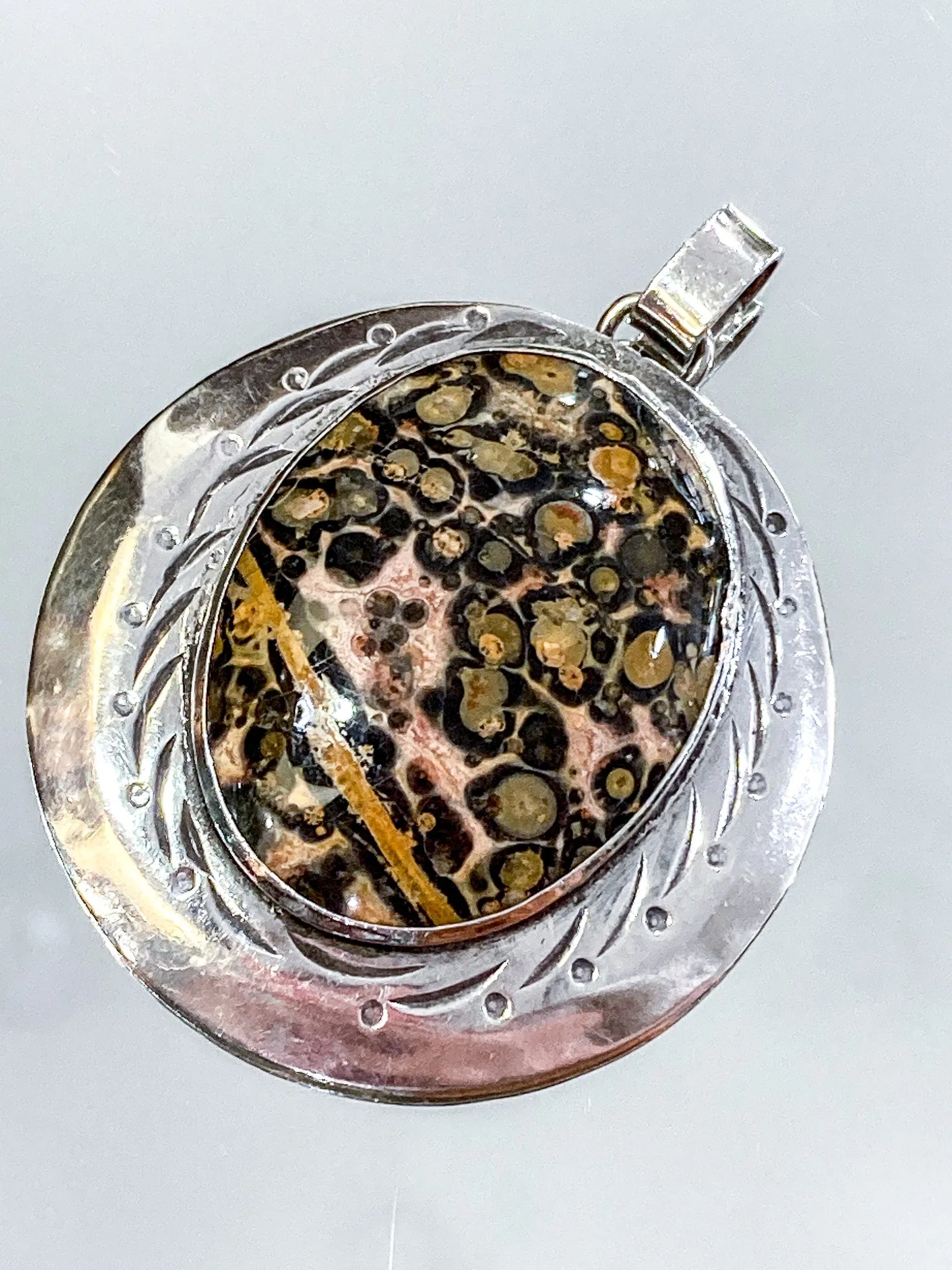 Vintage Sterling Silver Leopardskin Jasper Stone Statement Pendant