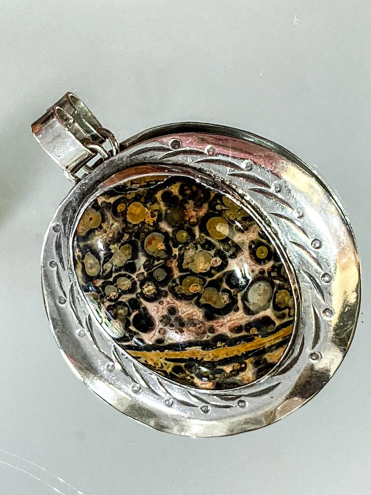 Vintage Sterling Silver Leopardskin Jasper Stone Statement Pendant