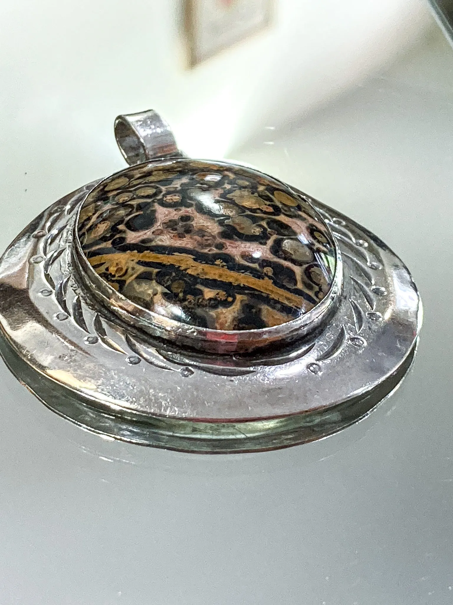Vintage Sterling Silver Leopardskin Jasper Stone Statement Pendant
