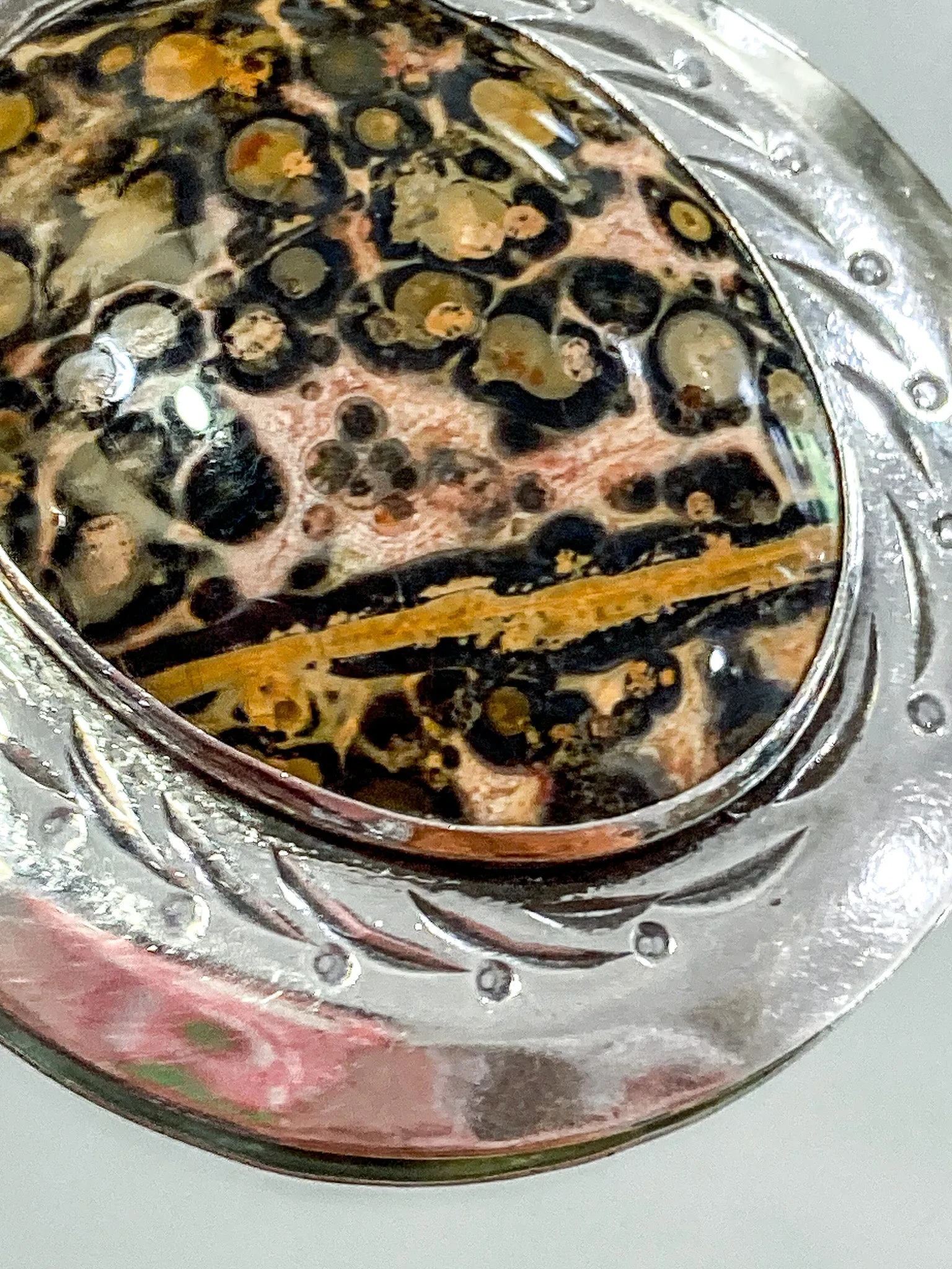 Vintage Sterling Silver Leopardskin Jasper Stone Statement Pendant