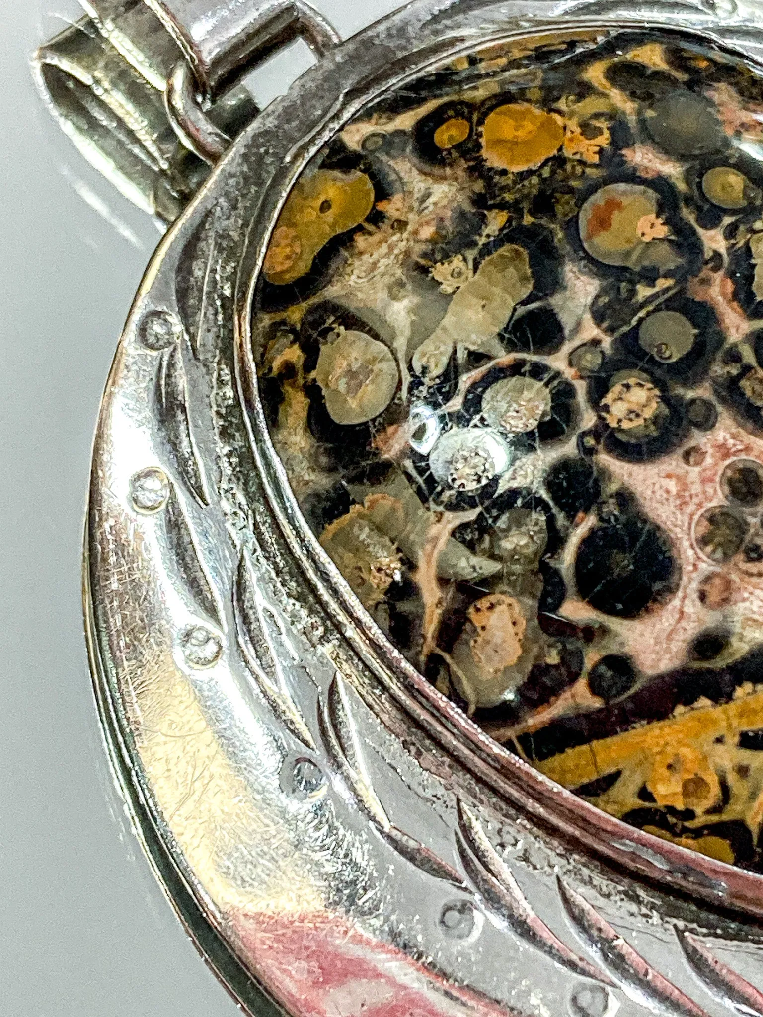 Vintage Sterling Silver Leopardskin Jasper Stone Statement Pendant