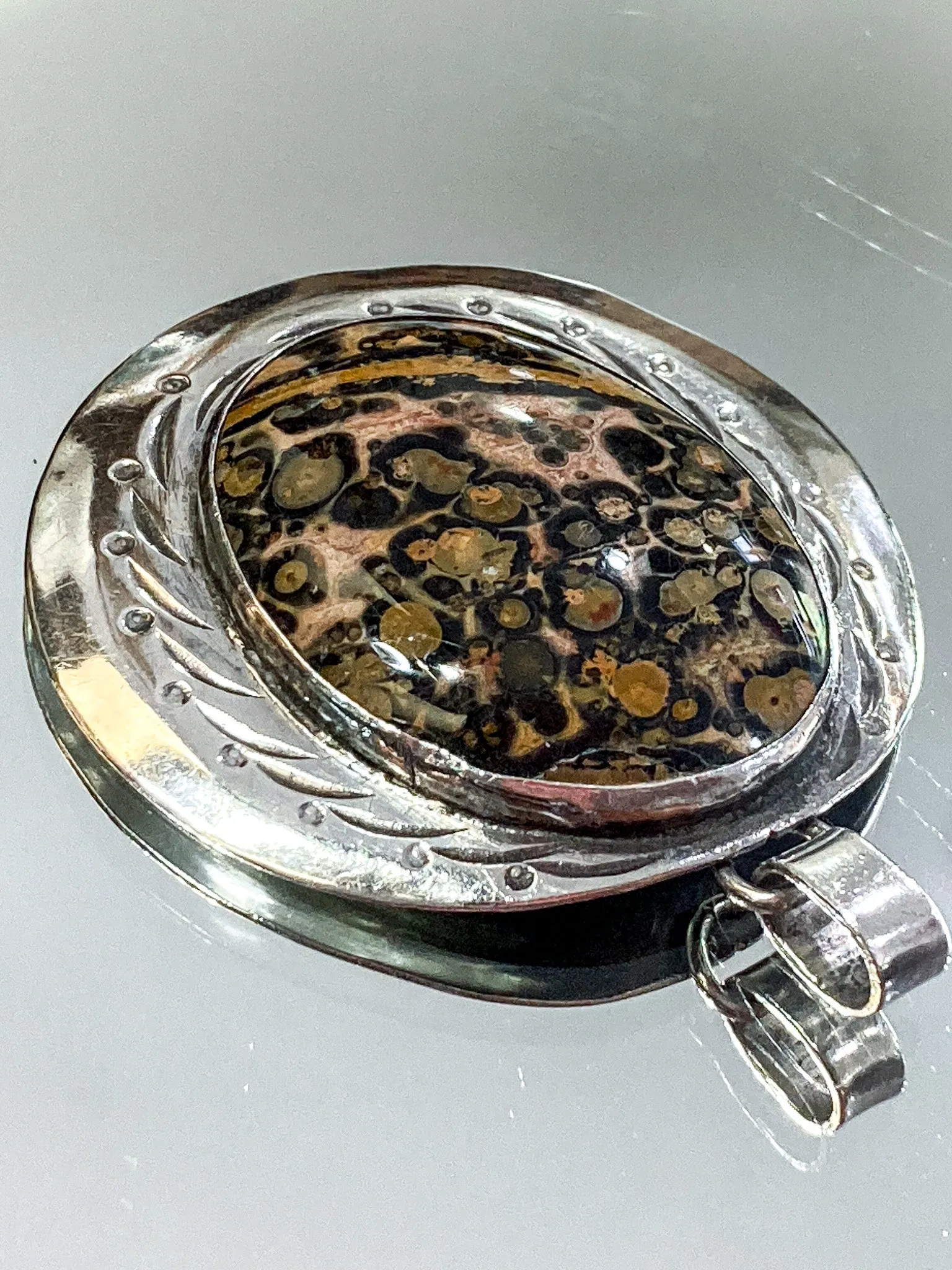 Vintage Sterling Silver Leopardskin Jasper Stone Statement Pendant