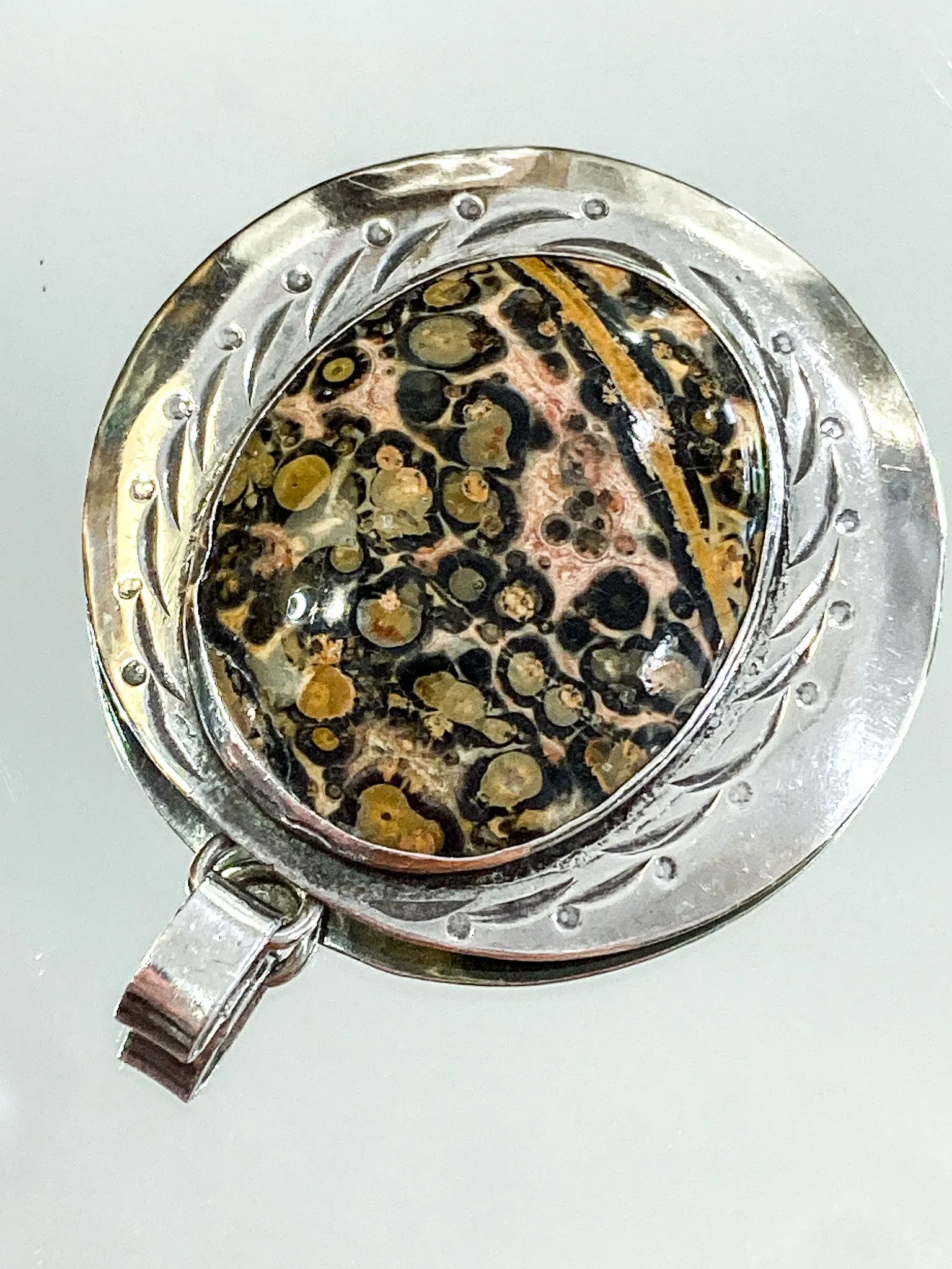 Vintage Sterling Silver Leopardskin Jasper Stone Statement Pendant