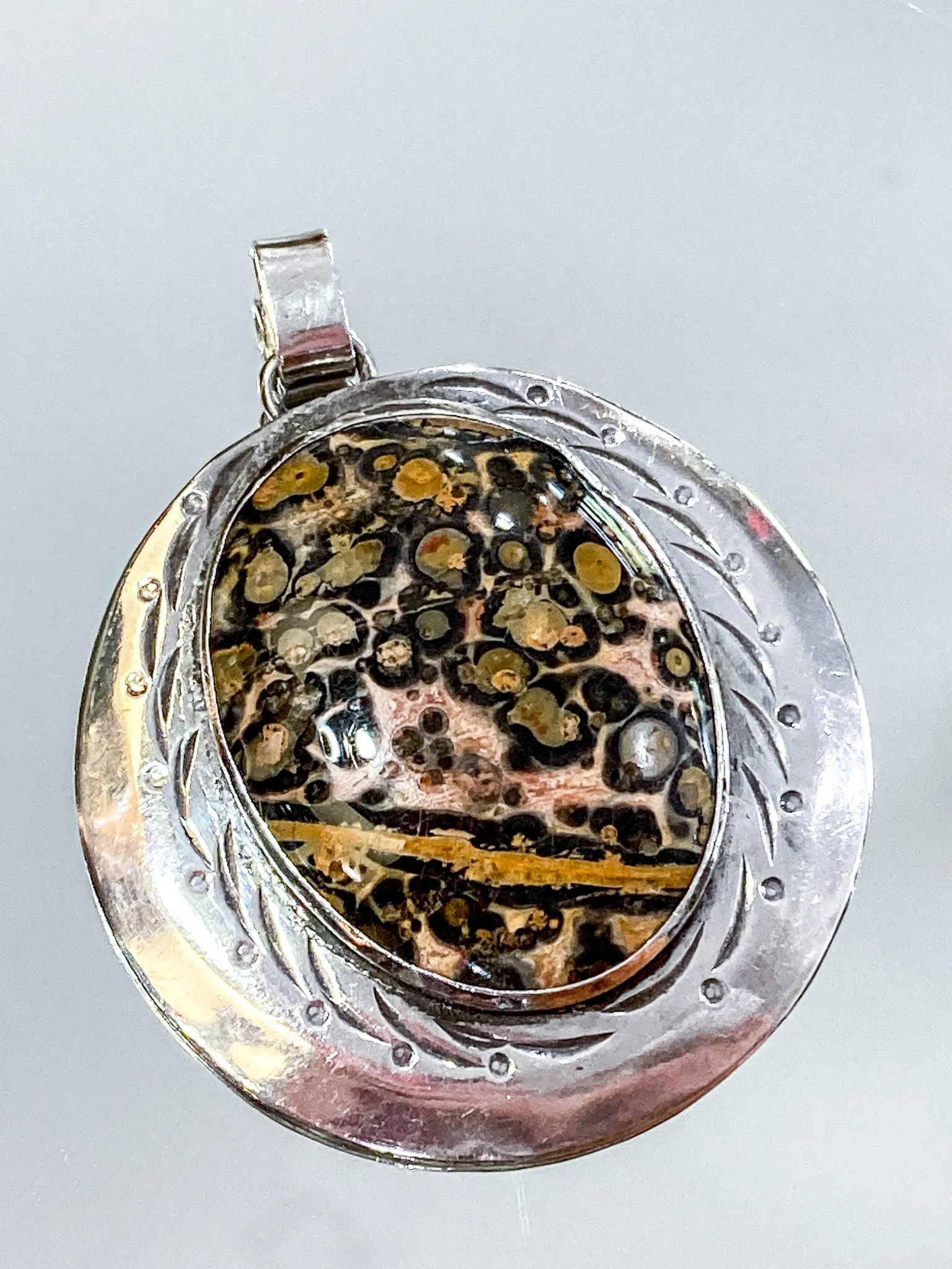 Vintage Sterling Silver Leopardskin Jasper Stone Statement Pendant