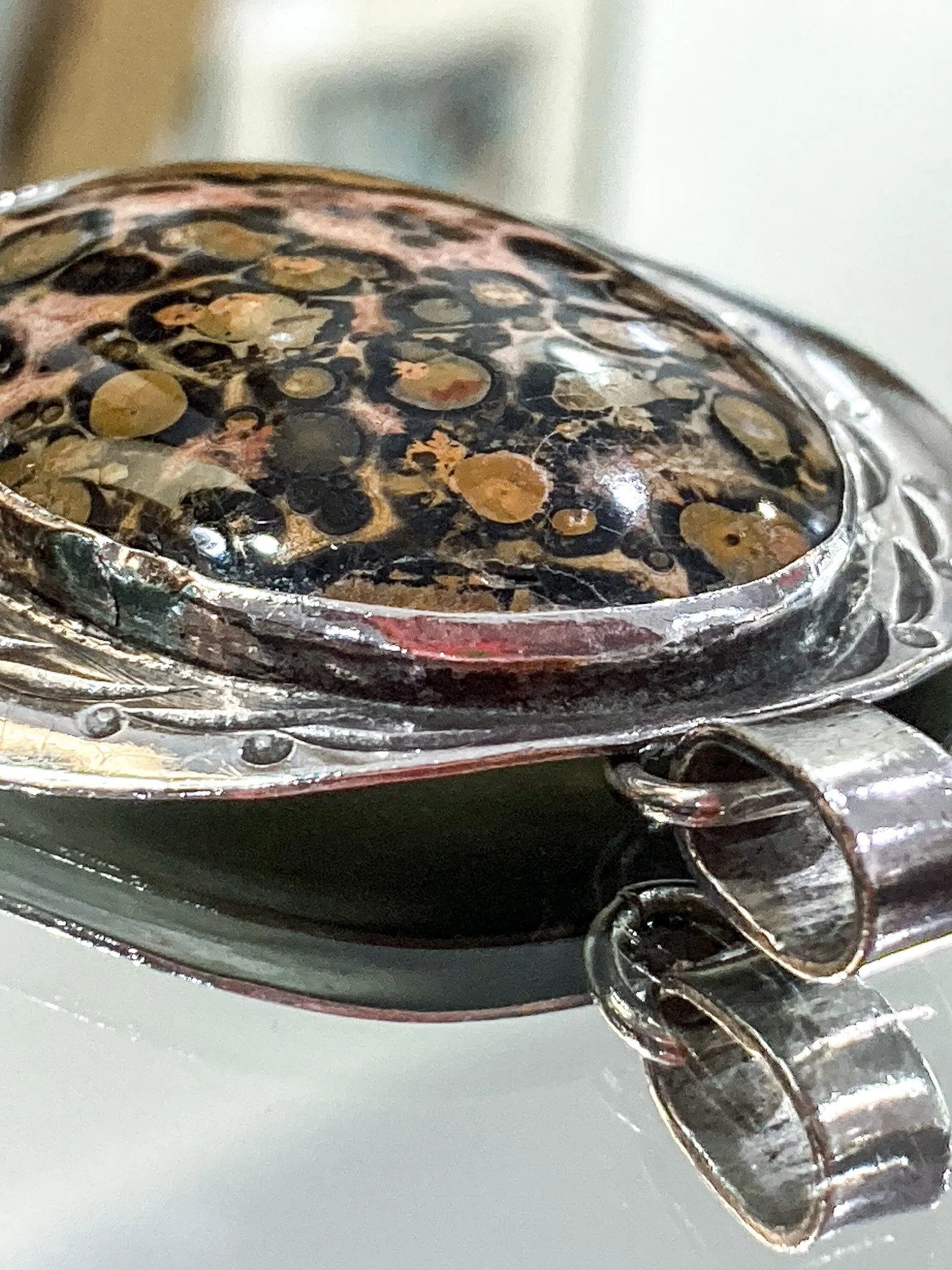 Vintage Sterling Silver Leopardskin Jasper Stone Statement Pendant