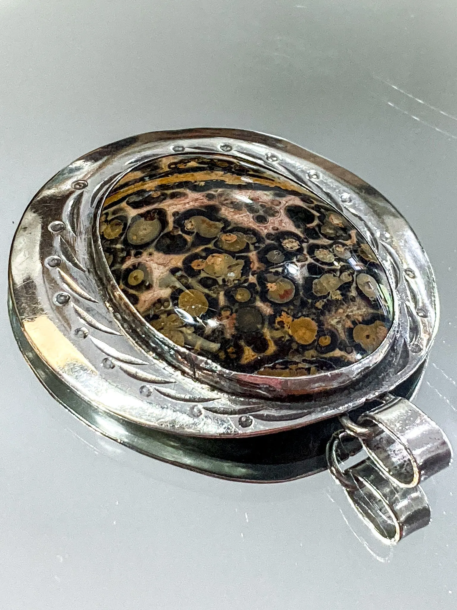 Vintage Sterling Silver Leopardskin Jasper Stone Statement Pendant