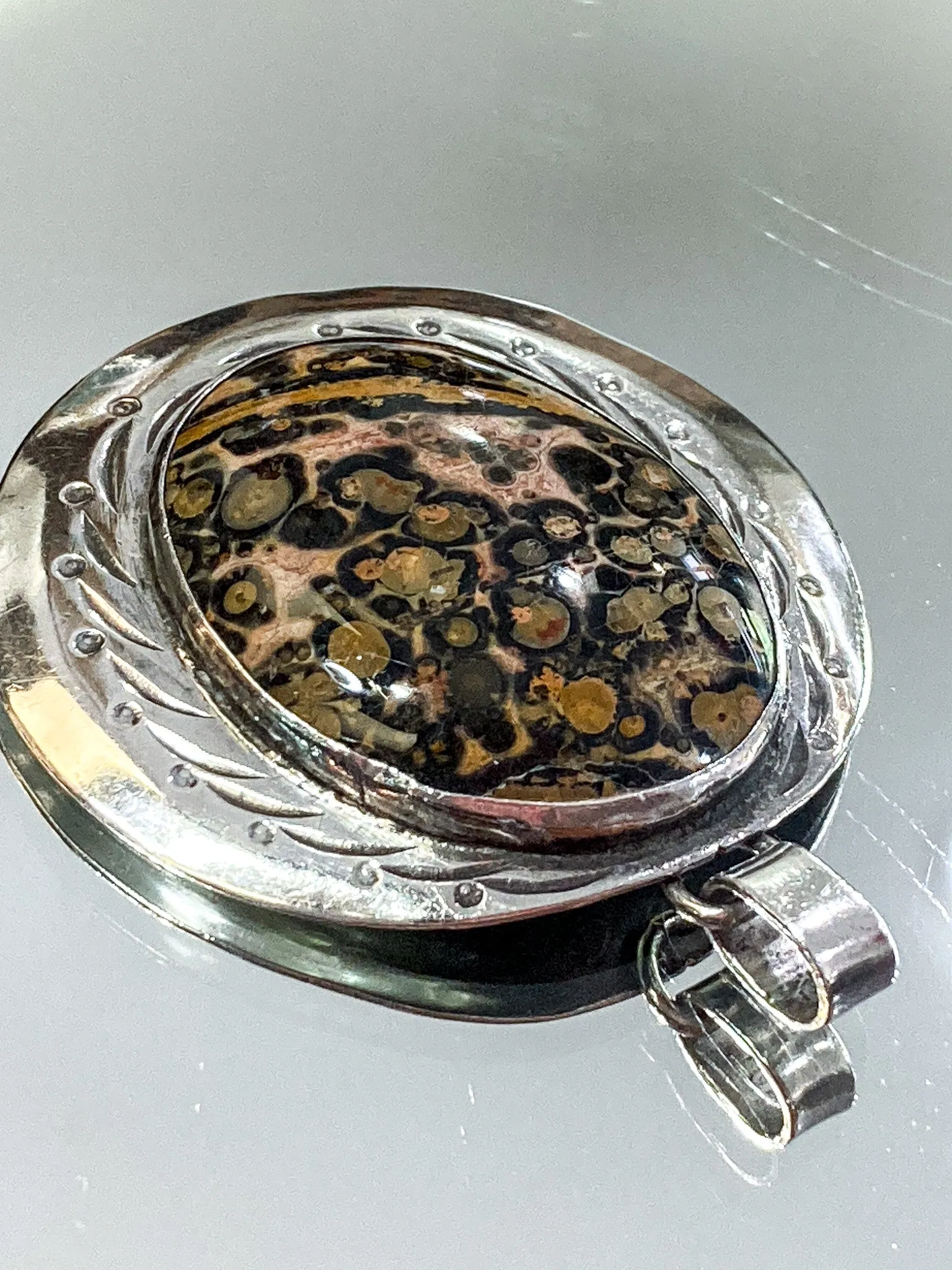 Vintage Sterling Silver Leopardskin Jasper Stone Statement Pendant
