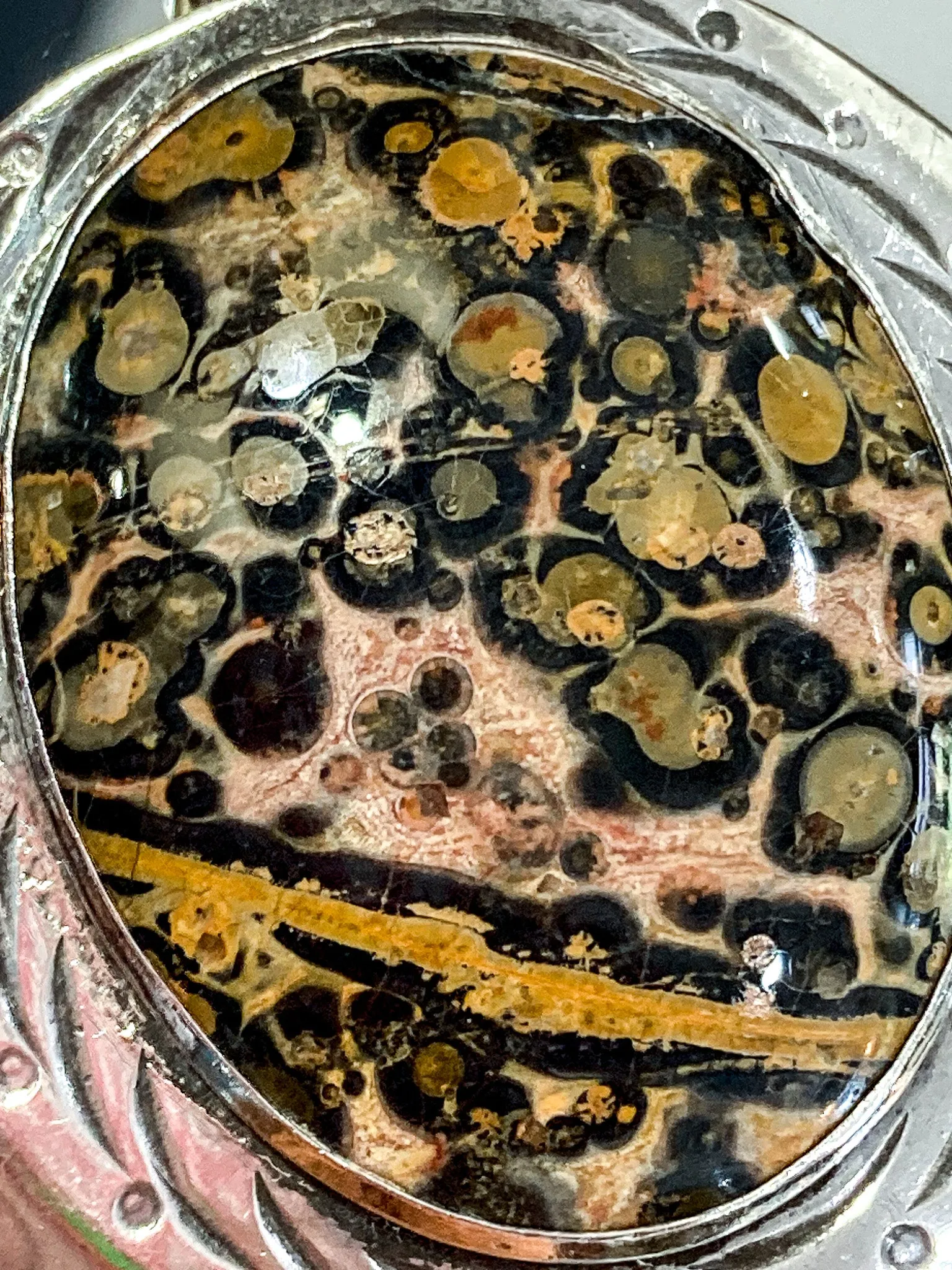 Vintage Sterling Silver Leopardskin Jasper Stone Statement Pendant