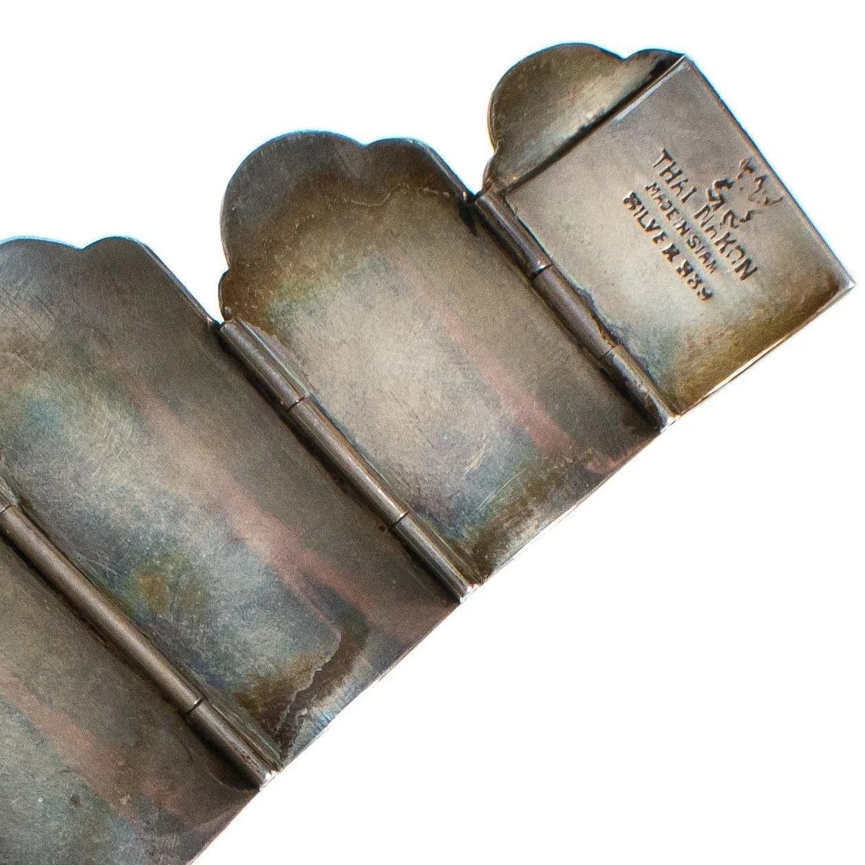Vintage Thai Nakon Silver Bracelet Scalloped Panel Bracelet with Elephants and Thai Dancers