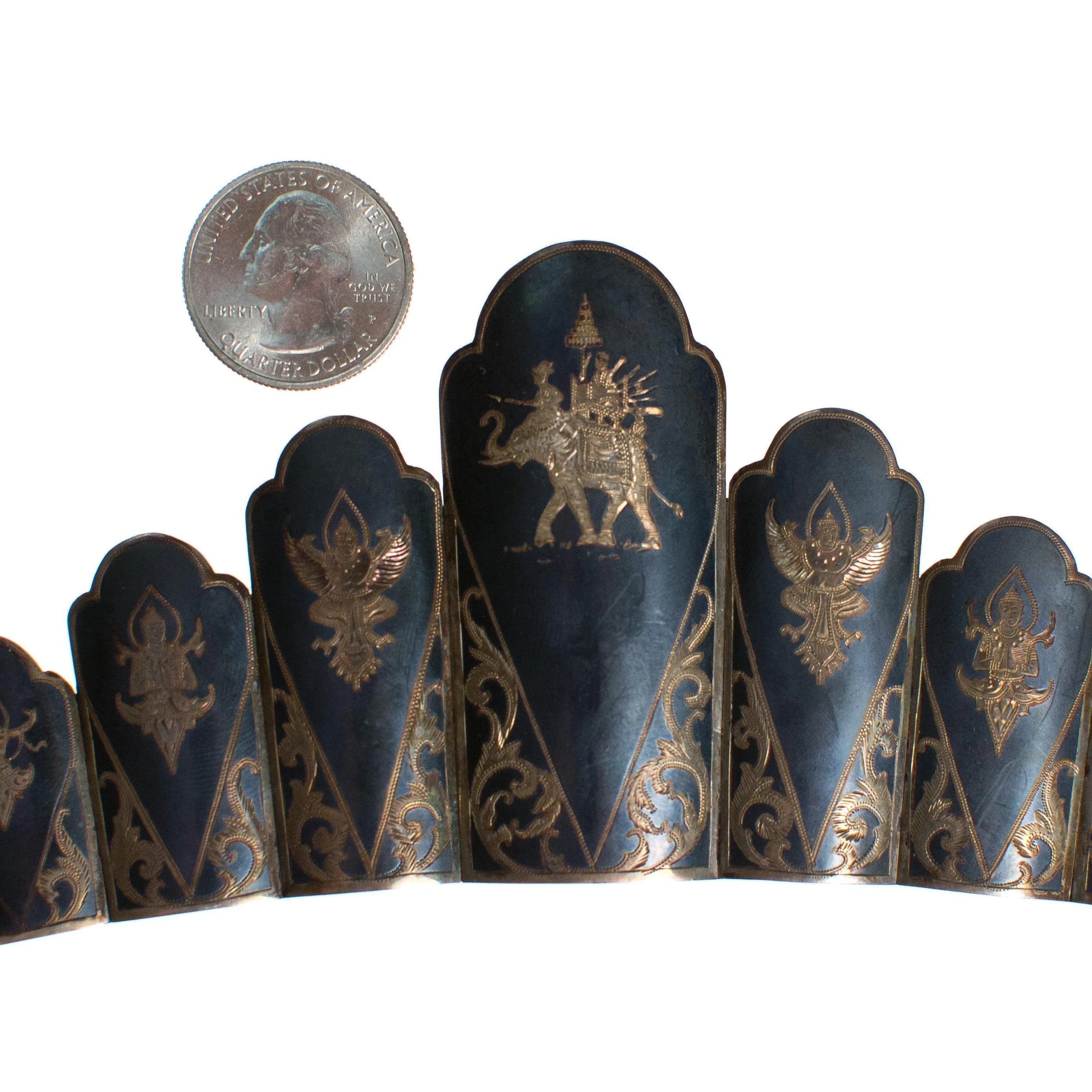 Vintage Thai Nakon Silver Bracelet Scalloped Panel Bracelet with Elephants and Thai Dancers